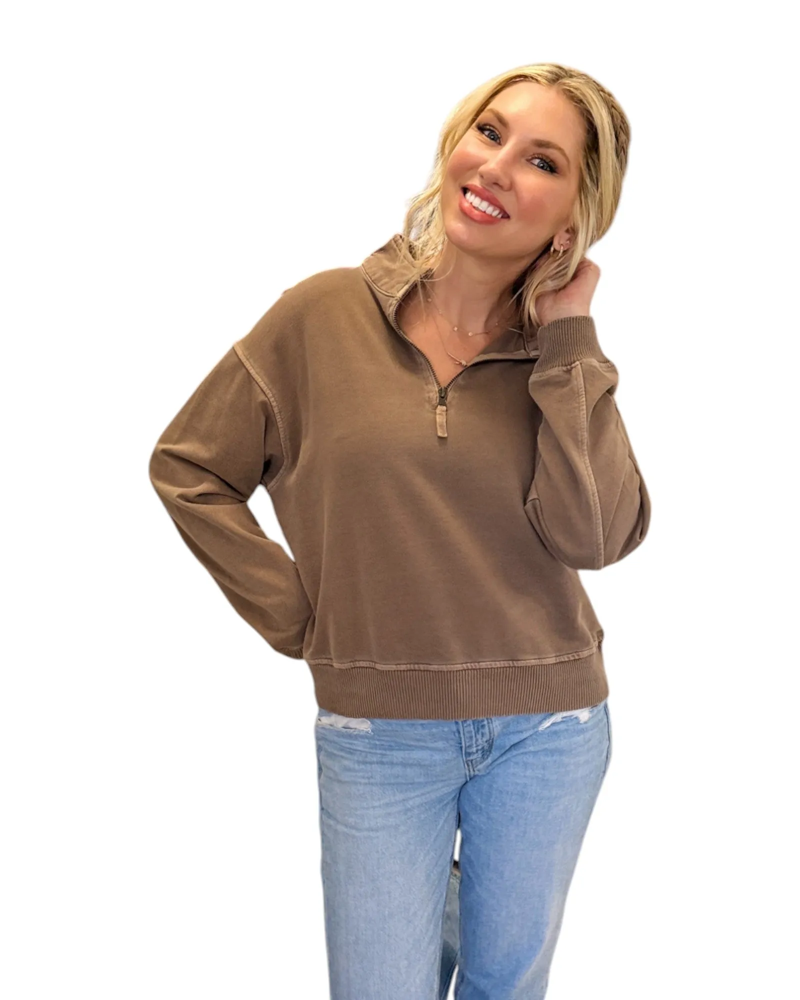 Mocha French Terry 100% Cotton Half Zip Sweatshirt