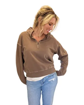 Mocha French Terry 100% Cotton Half Zip Sweatshirt