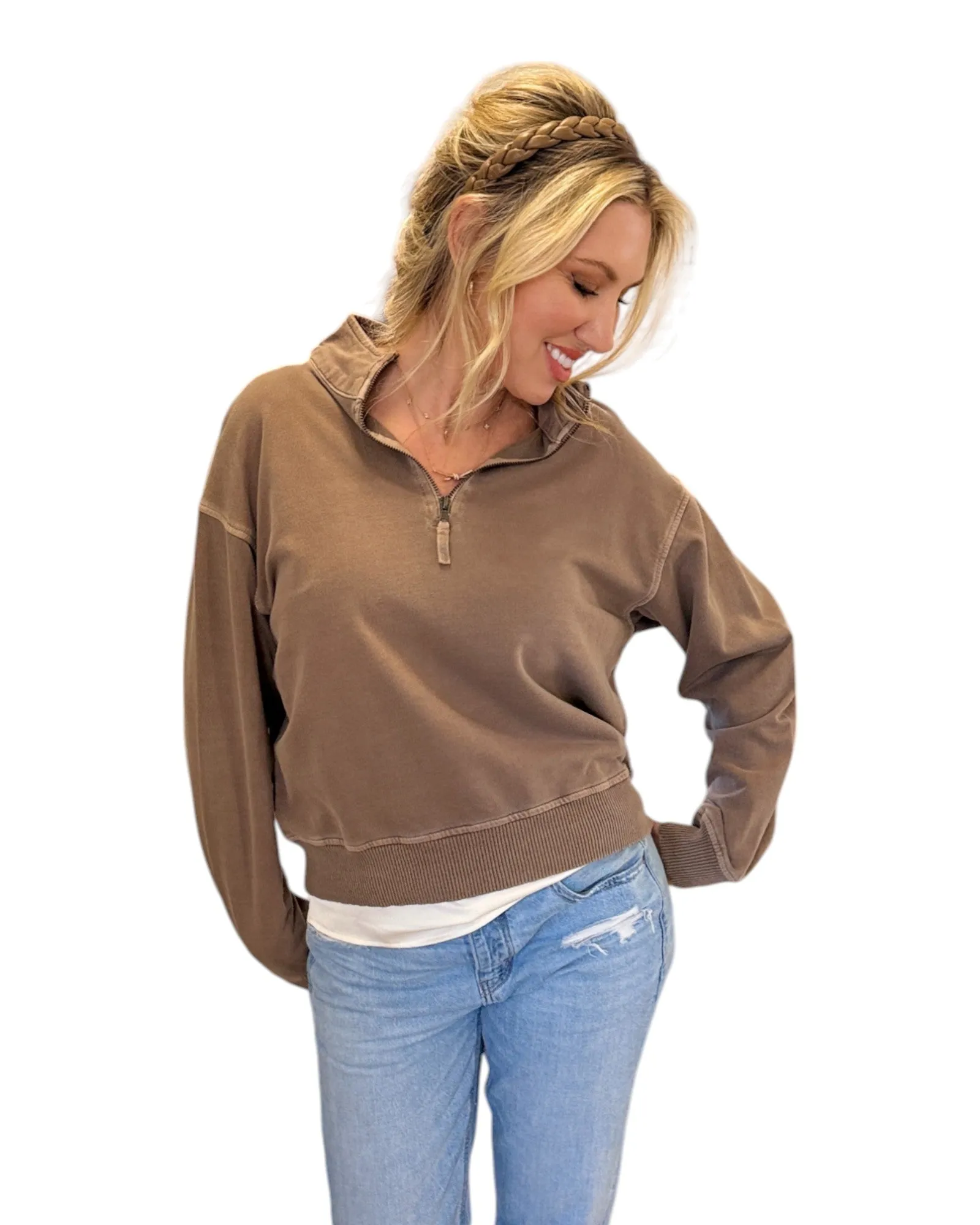 Mocha French Terry 100% Cotton Half Zip Sweatshirt