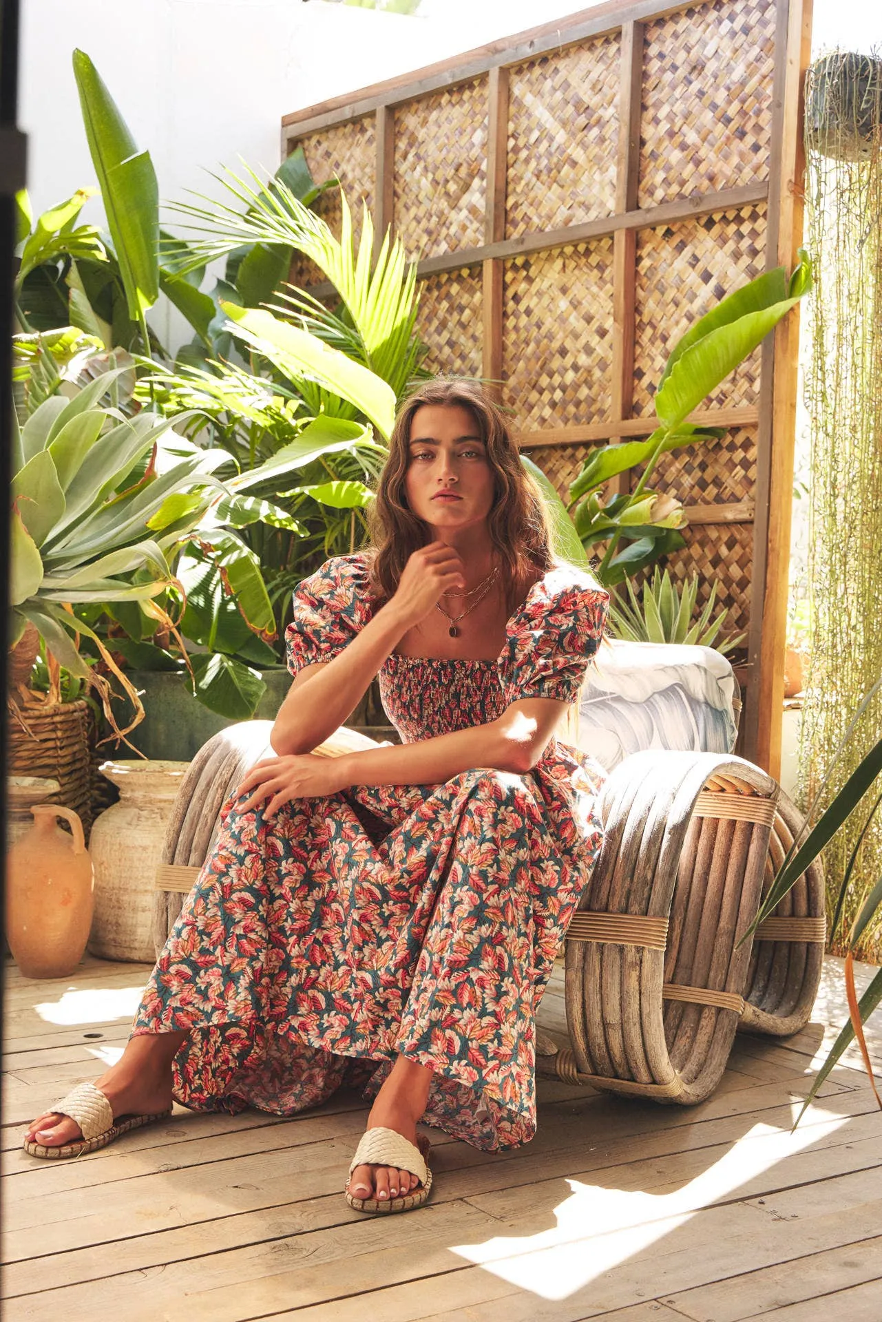 MULTI-COLOR LEAF PRINT SMOCKED MAXI DRESS