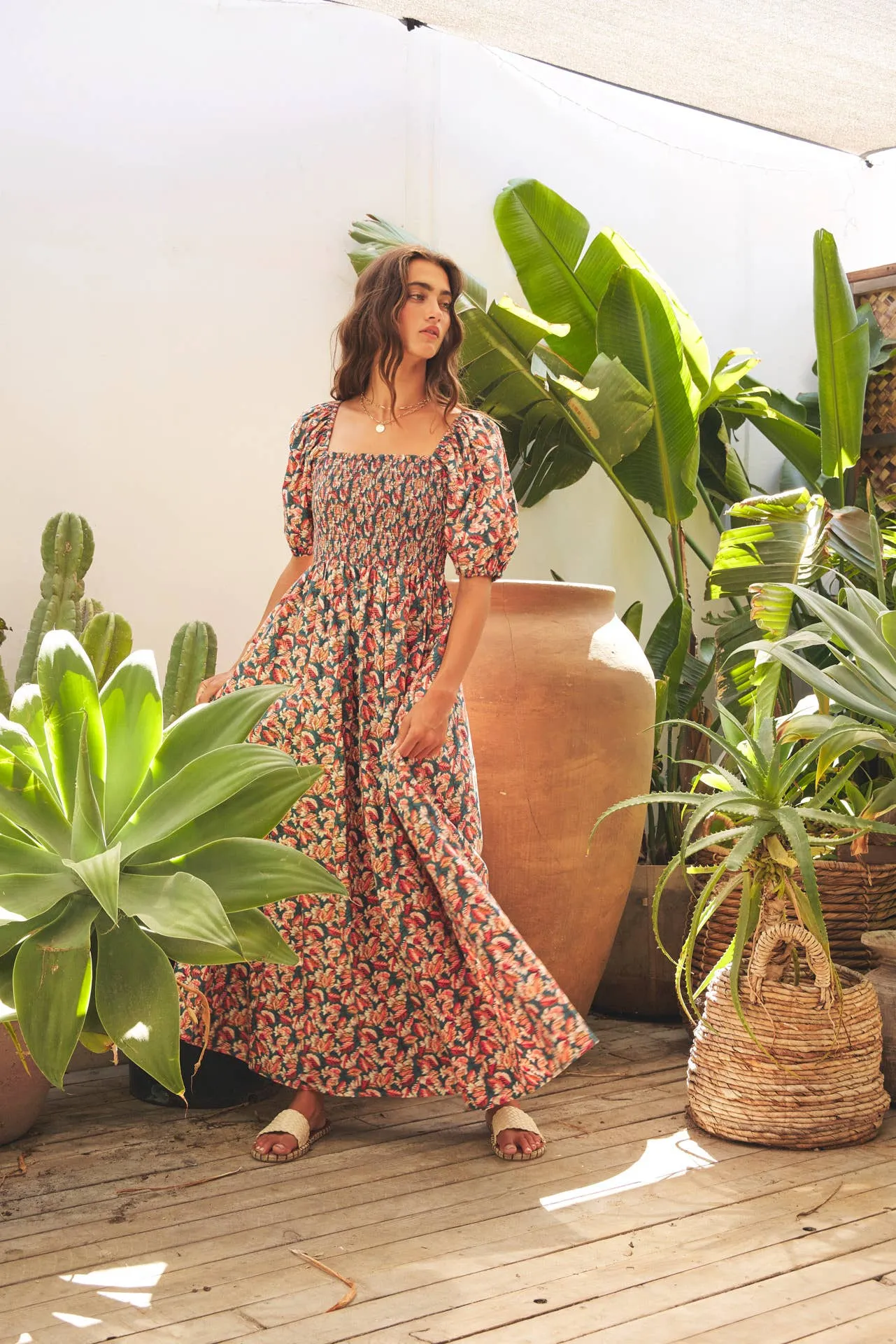 MULTI-COLOR LEAF PRINT SMOCKED MAXI DRESS