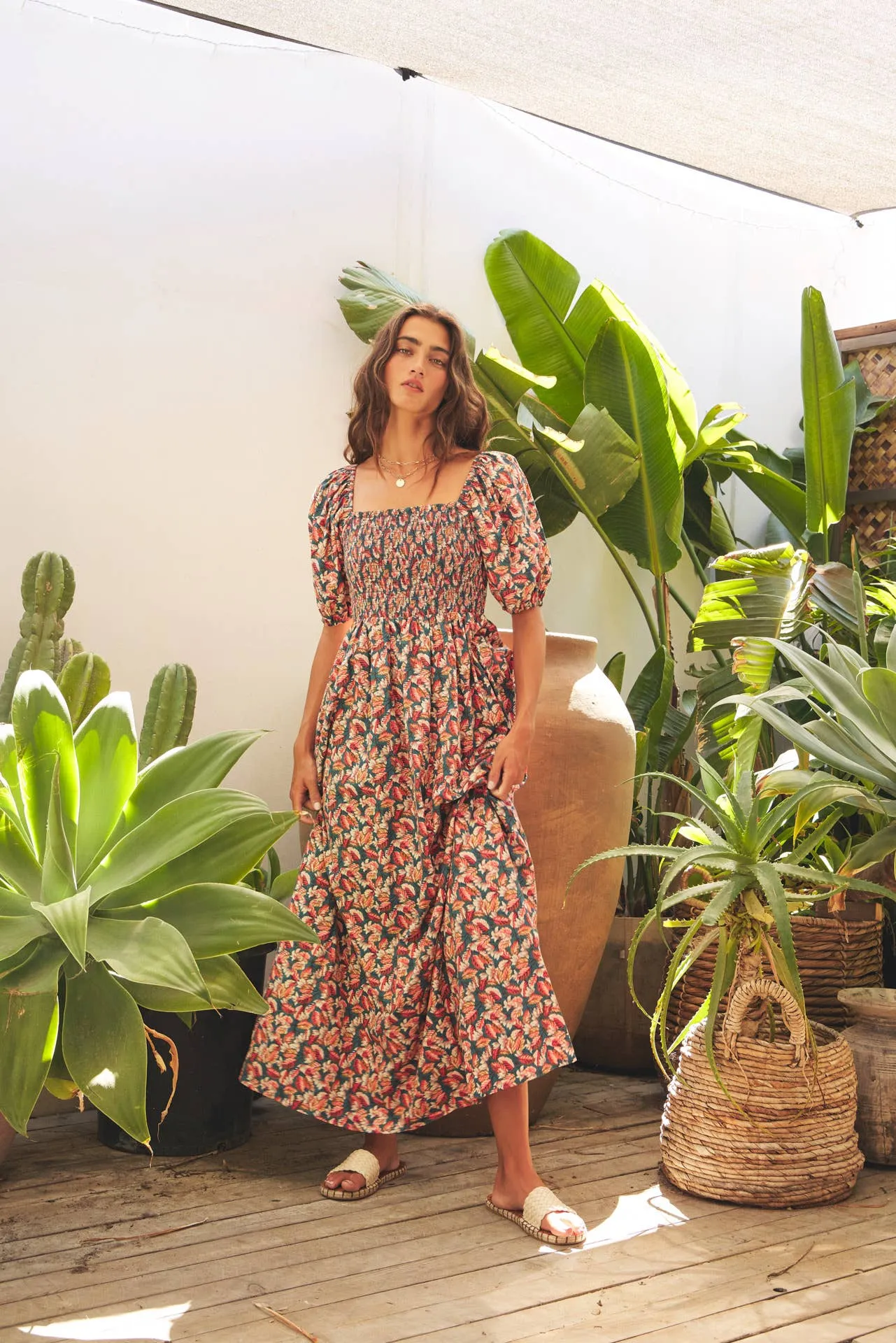 MULTI-COLOR LEAF PRINT SMOCKED MAXI DRESS