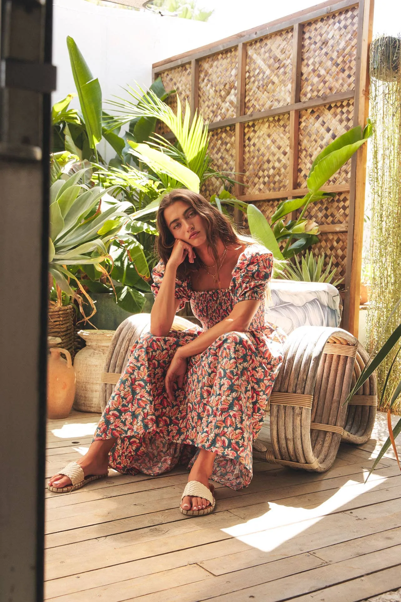 MULTI-COLOR LEAF PRINT SMOCKED MAXI DRESS