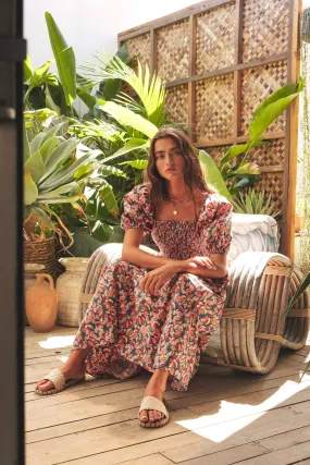 MULTI-COLOR LEAF PRINT SMOCKED MAXI DRESS