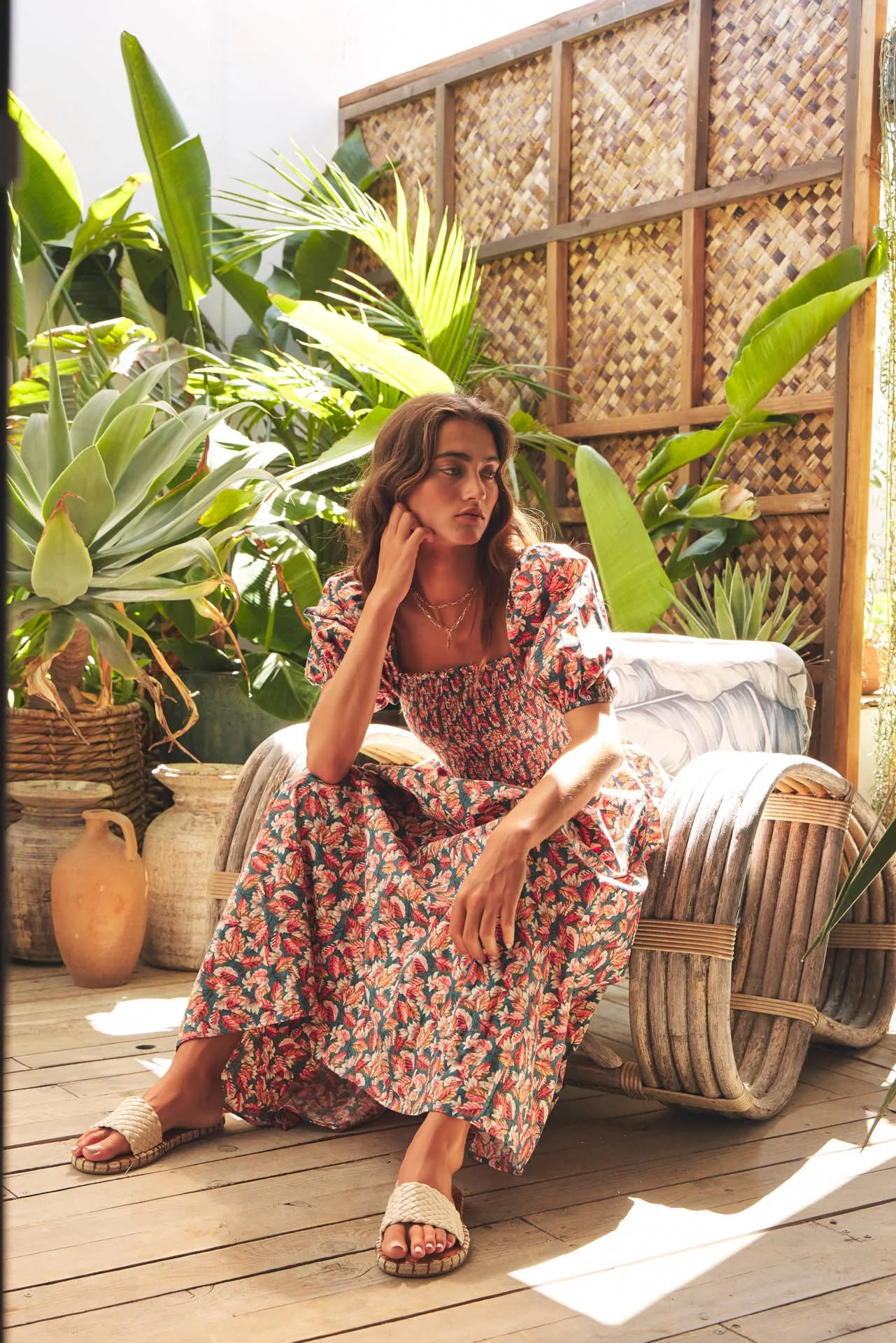 MULTI-COLOR LEAF PRINT SMOCKED MAXI DRESS