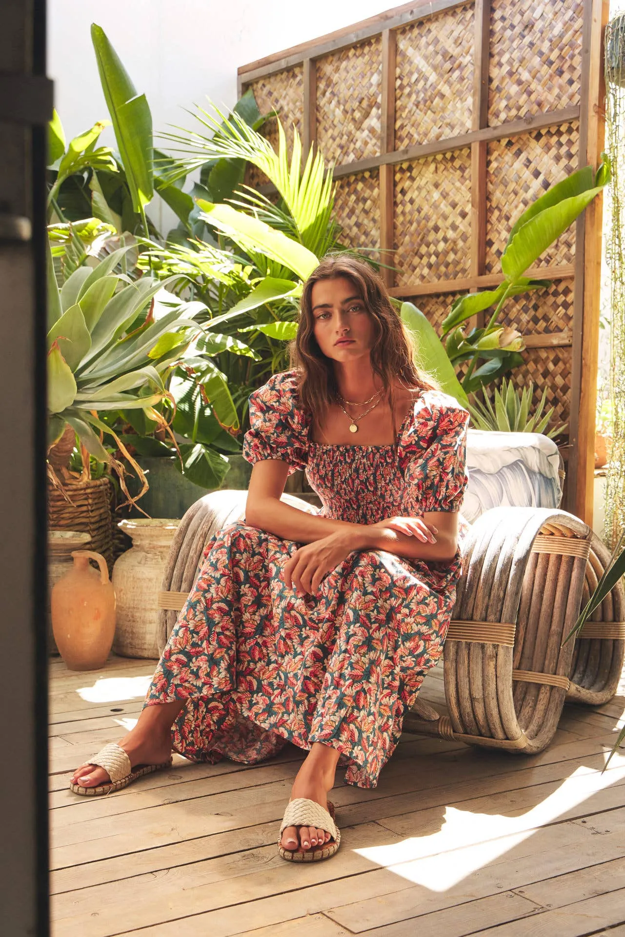 MULTI-COLOR LEAF PRINT SMOCKED MAXI DRESS