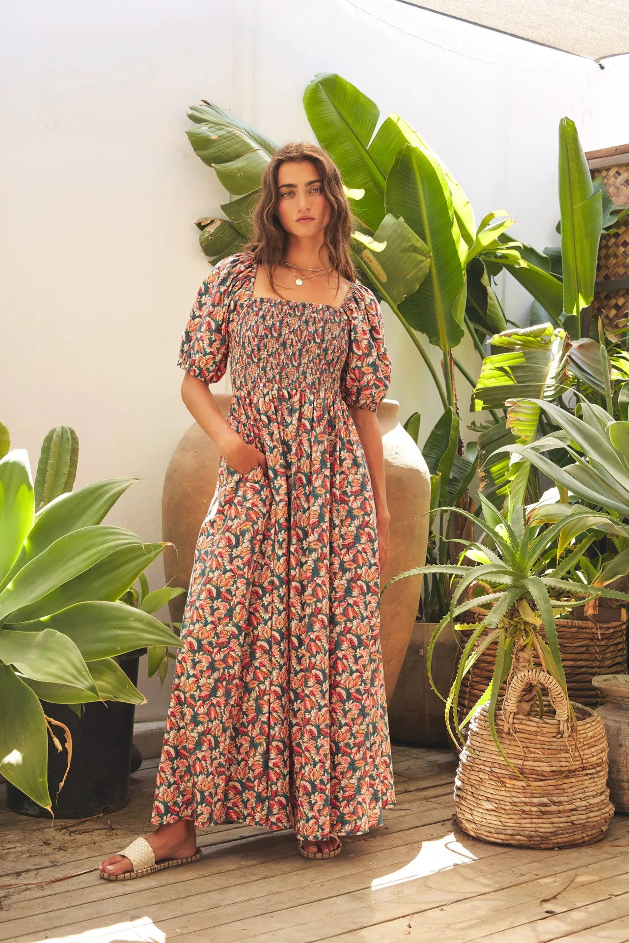 MULTI-COLOR LEAF PRINT SMOCKED MAXI DRESS