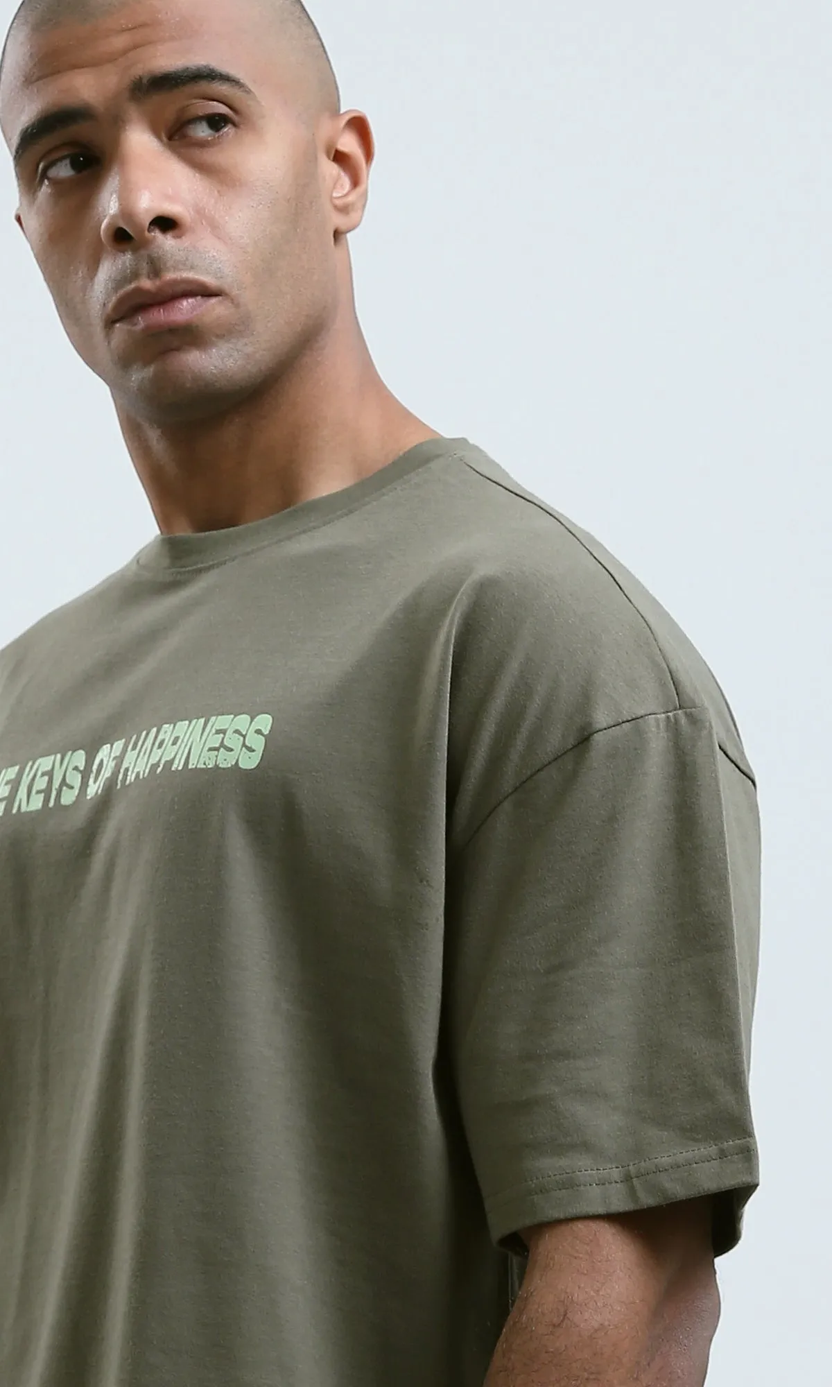 o182910 - Front & Back Print Elbow Sleeves Cotton Tee - Khaki