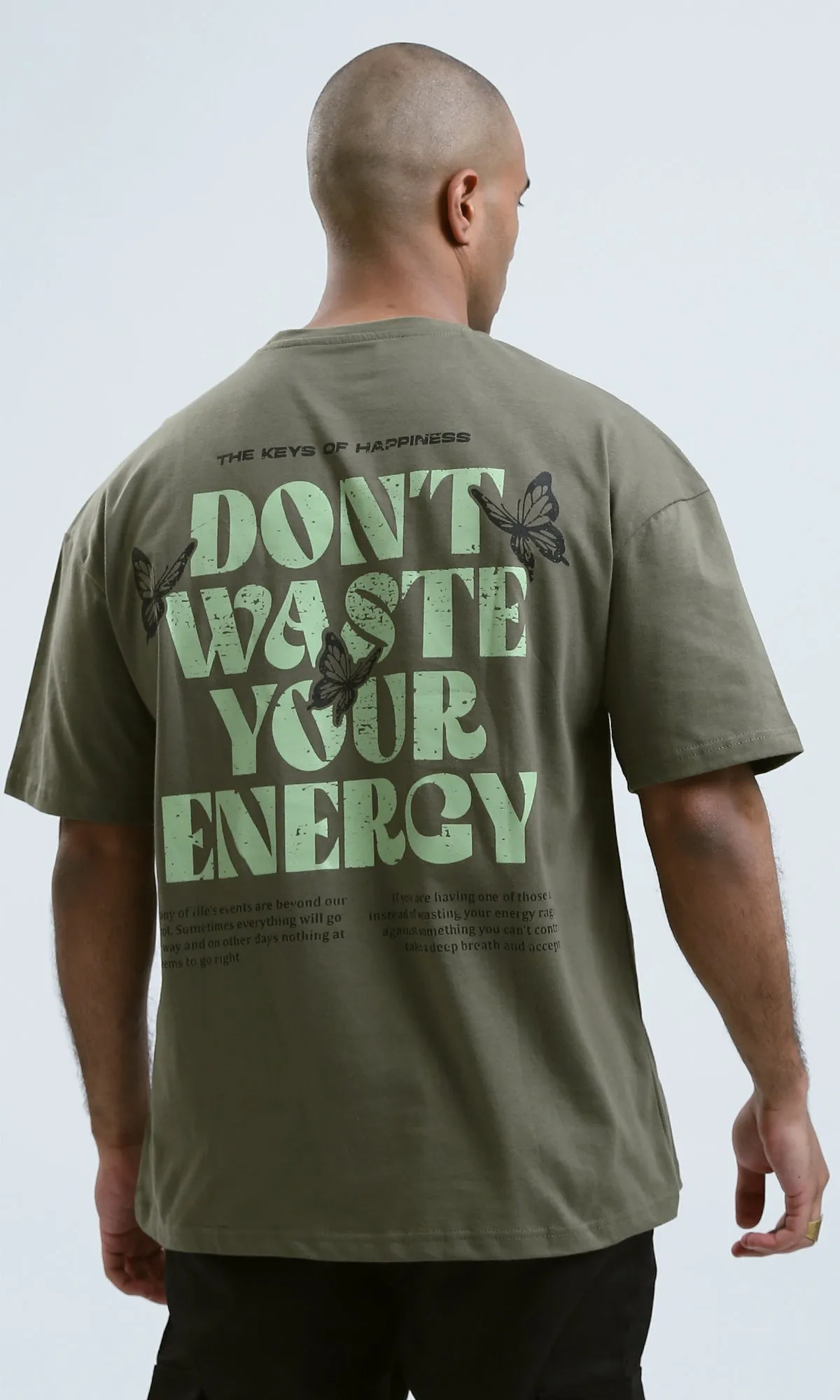 o182910 - Front & Back Print Elbow Sleeves Cotton Tee - Khaki
