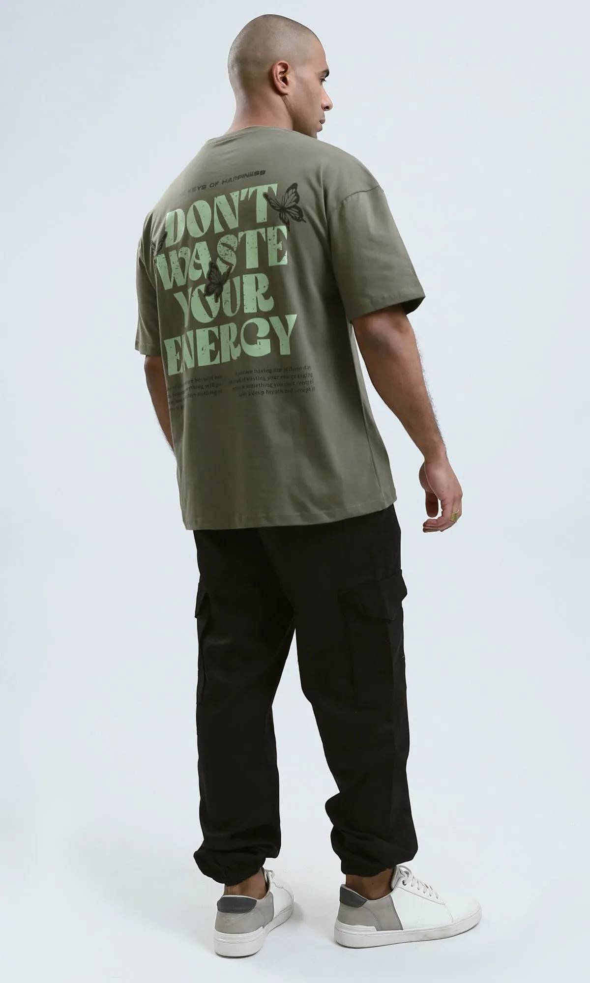 o182910 - Front & Back Print Elbow Sleeves Cotton Tee - Khaki