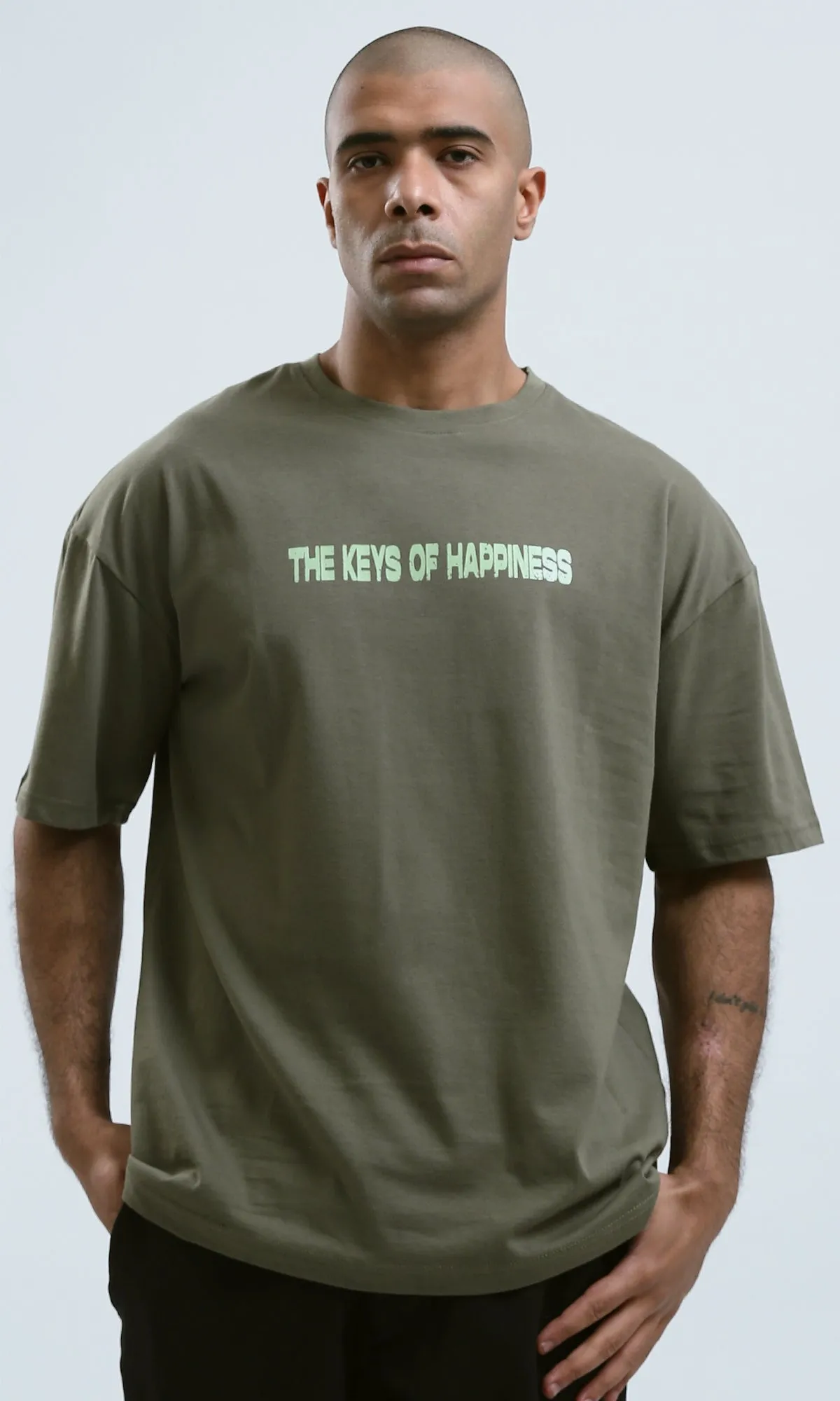o182910 - Front & Back Print Elbow Sleeves Cotton Tee - Khaki