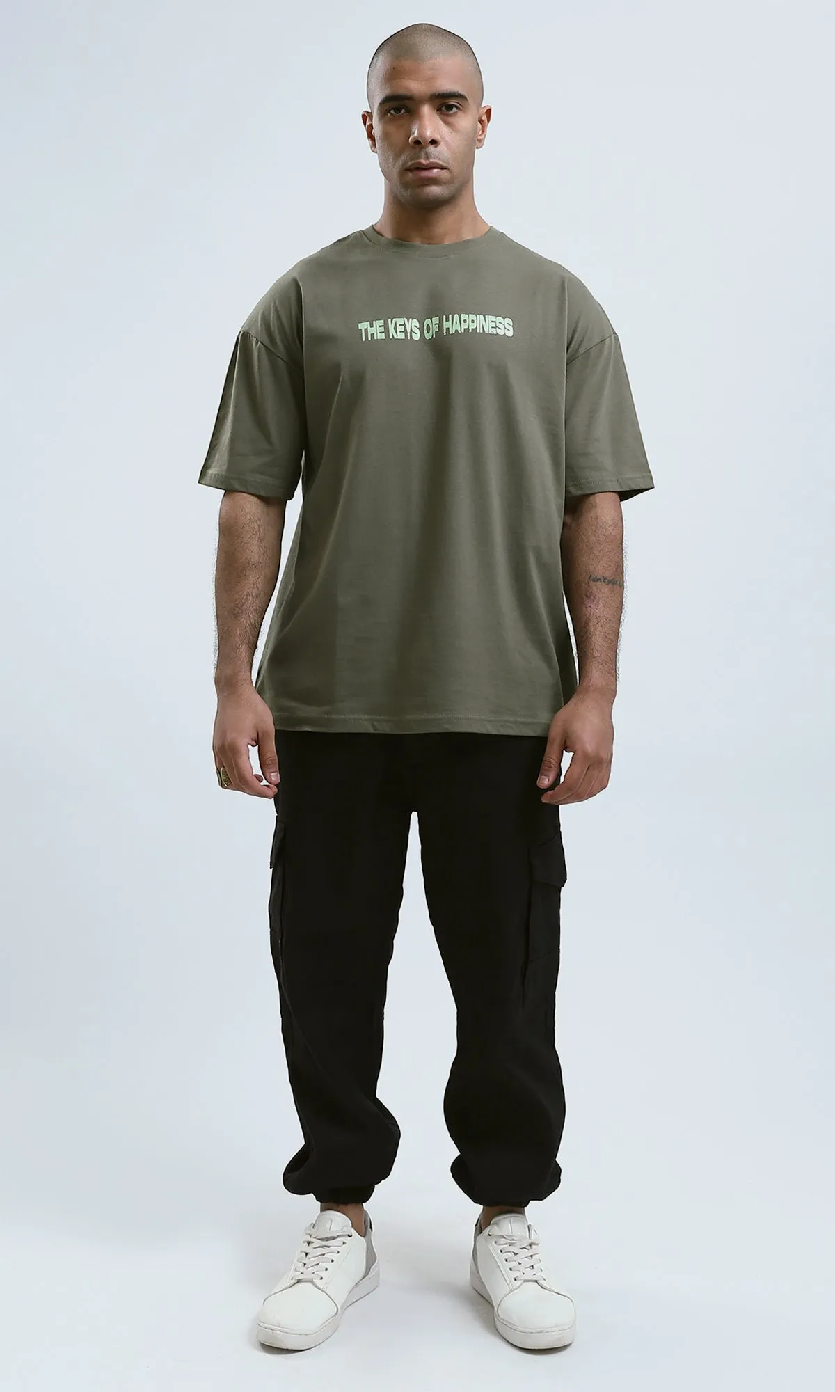 o182910 - Front & Back Print Elbow Sleeves Cotton Tee - Khaki