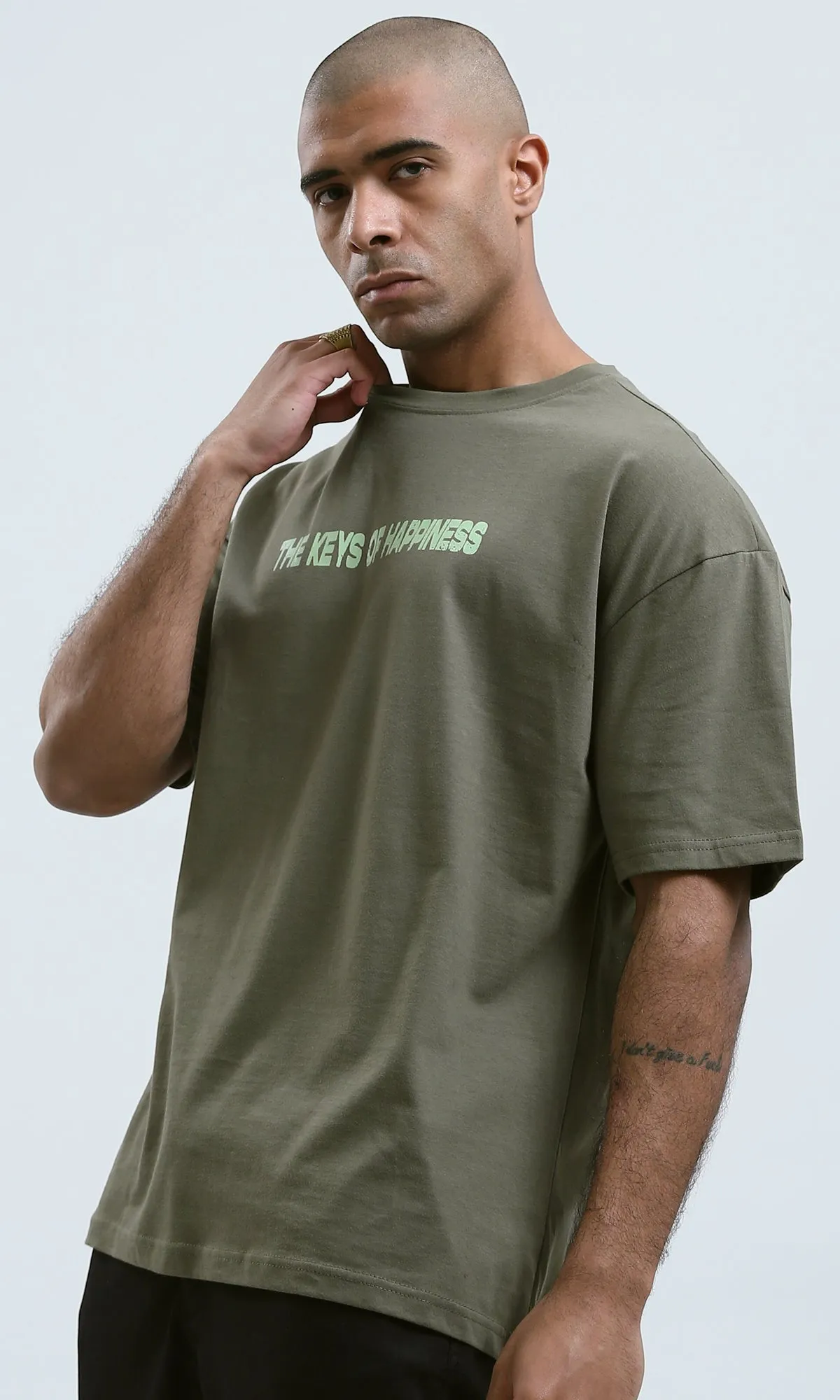 o182910 - Front & Back Print Elbow Sleeves Cotton Tee - Khaki