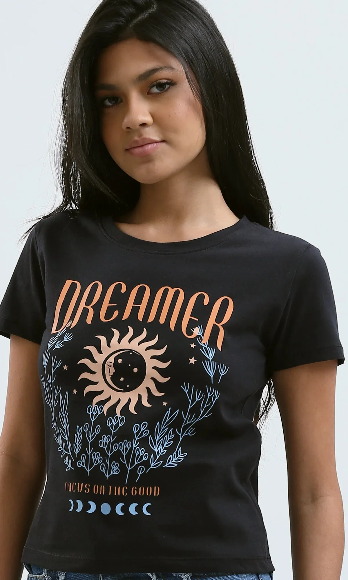 O183069 Printed "Dreamer" Short Sleeves Black Cotton Tee