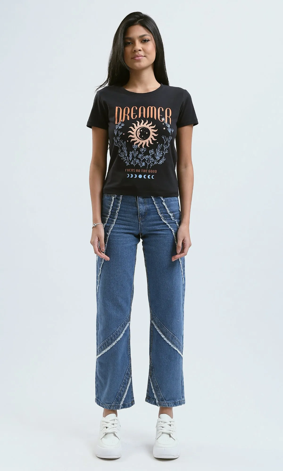 O183069 Printed "Dreamer" Short Sleeves Black Cotton Tee