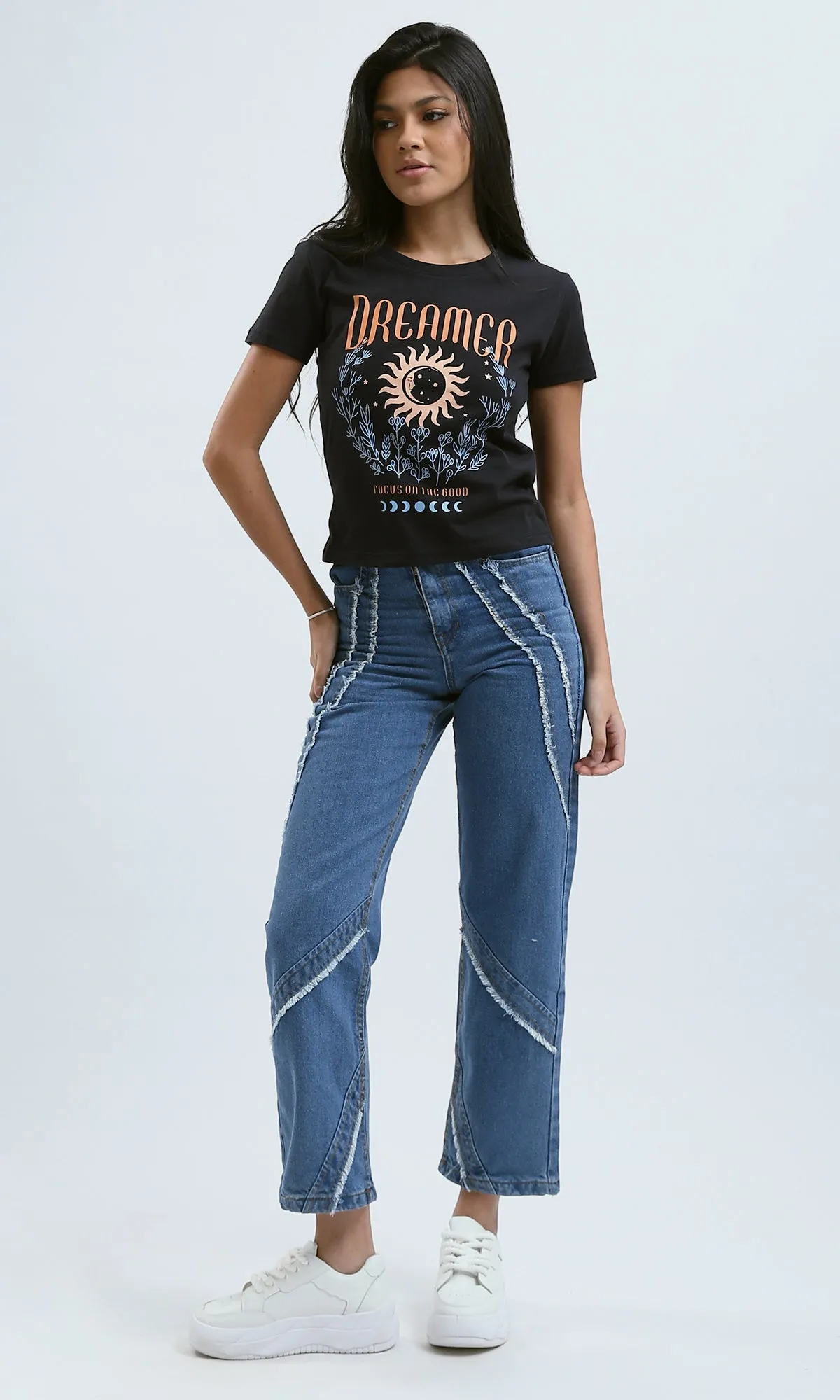 O183069 Printed "Dreamer" Short Sleeves Black Cotton Tee
