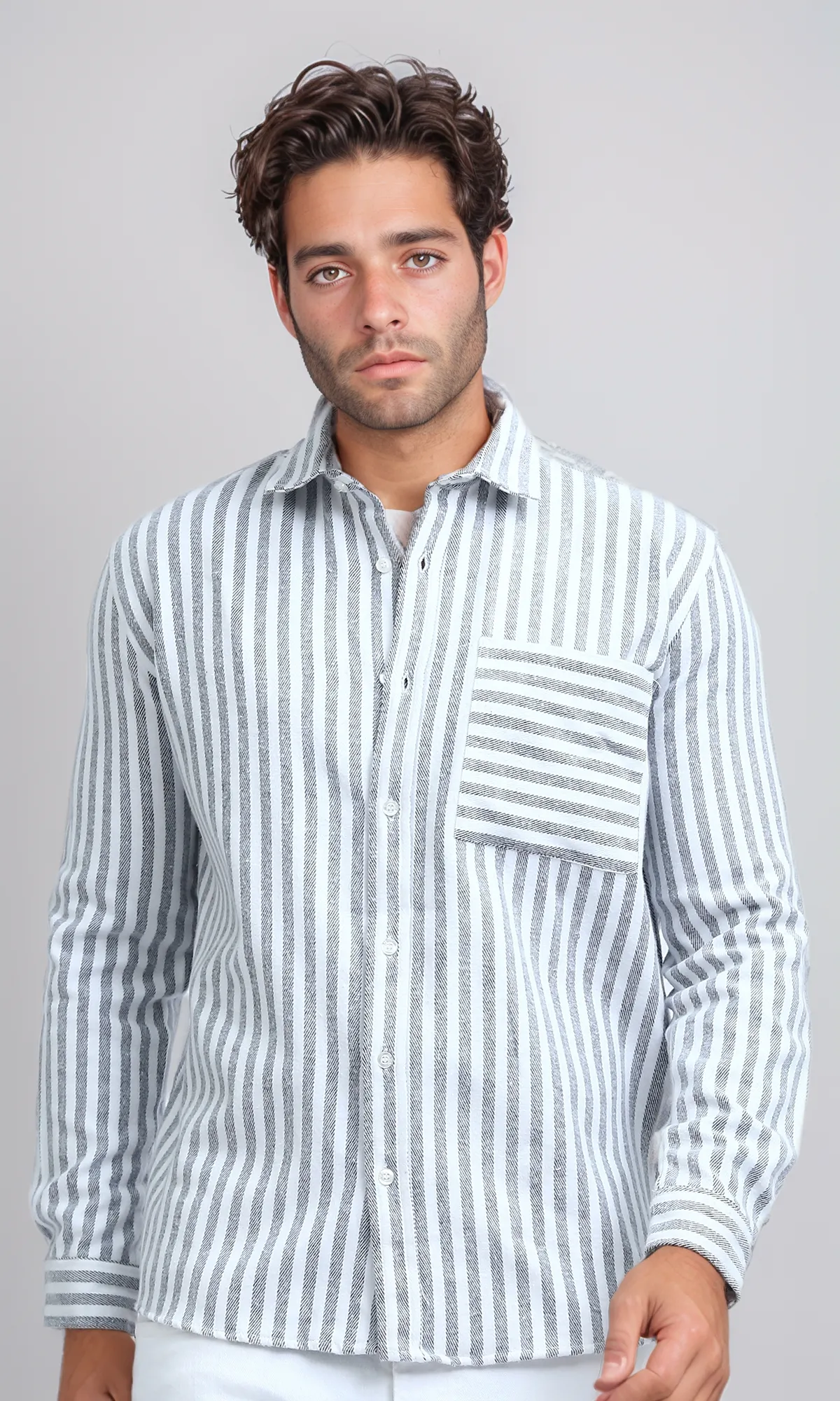 O200512 - Long Sleeve Stripes Shirt with Front Pocket - Grey & White