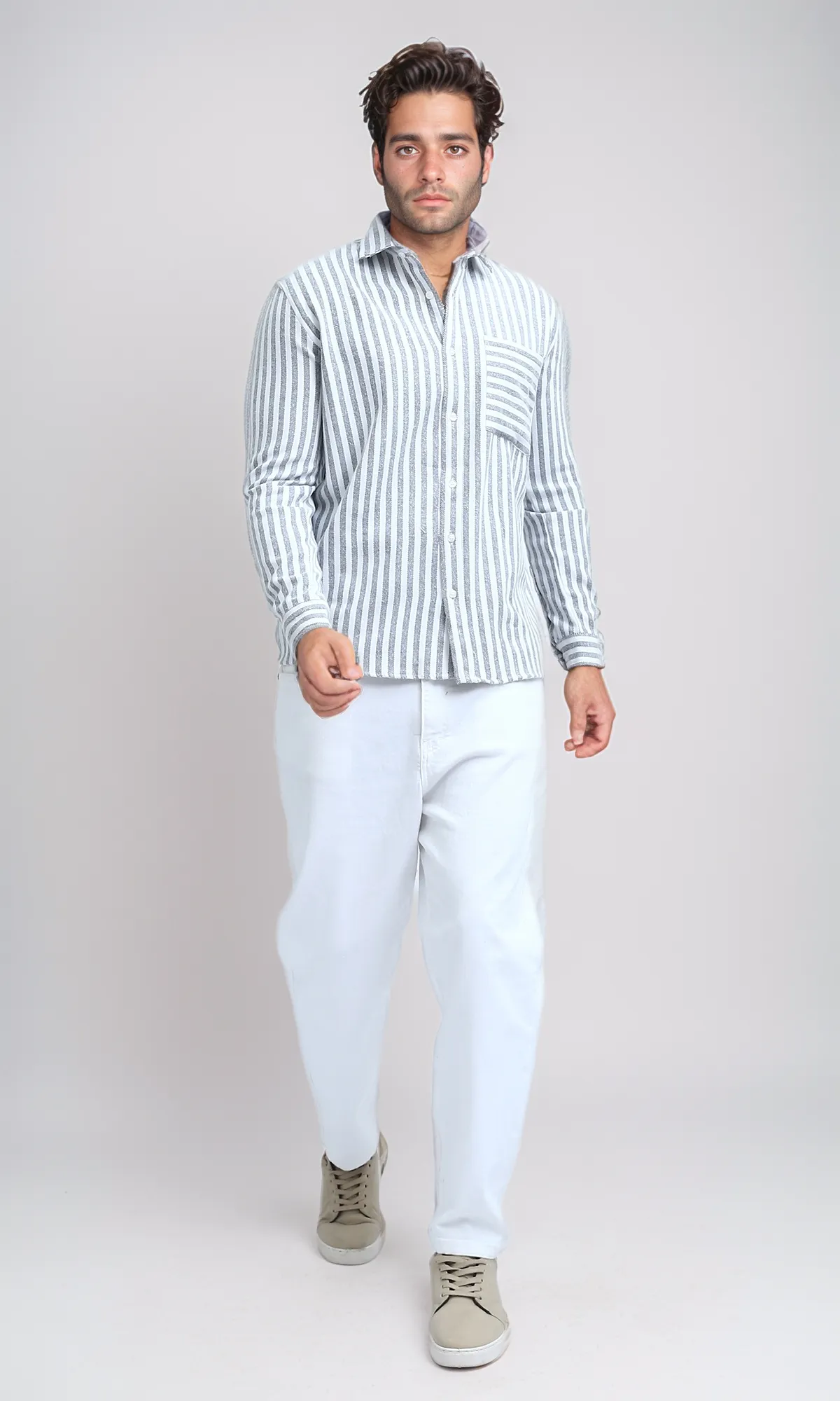 O200512 - Long Sleeve Stripes Shirt with Front Pocket - Grey & White