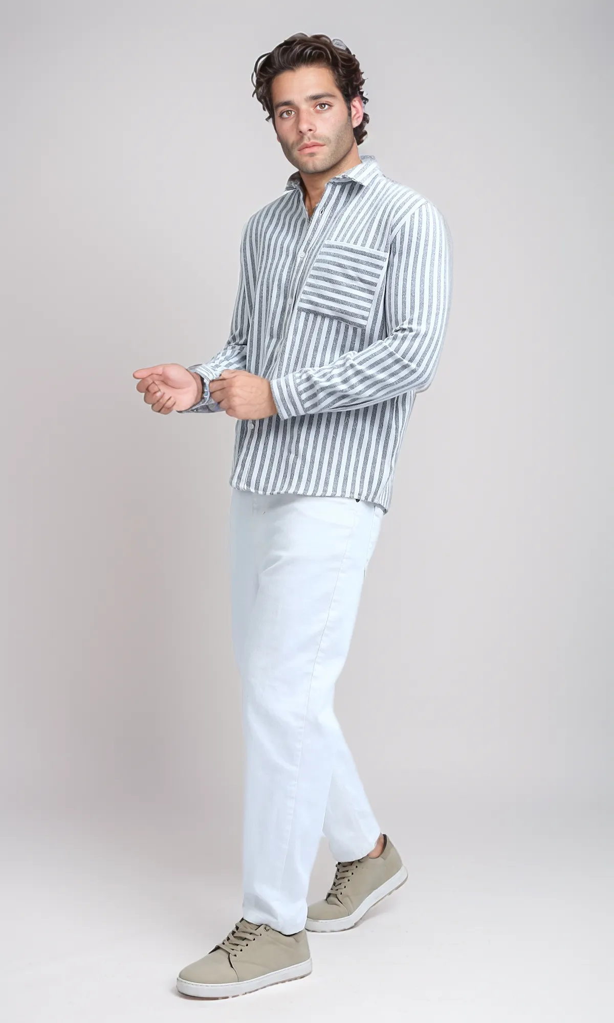 O200512 - Long Sleeve Stripes Shirt with Front Pocket - Grey & White