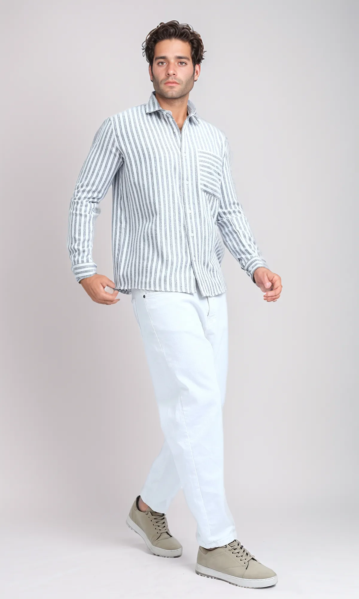 O200512 - Long Sleeve Stripes Shirt with Front Pocket - Grey & White