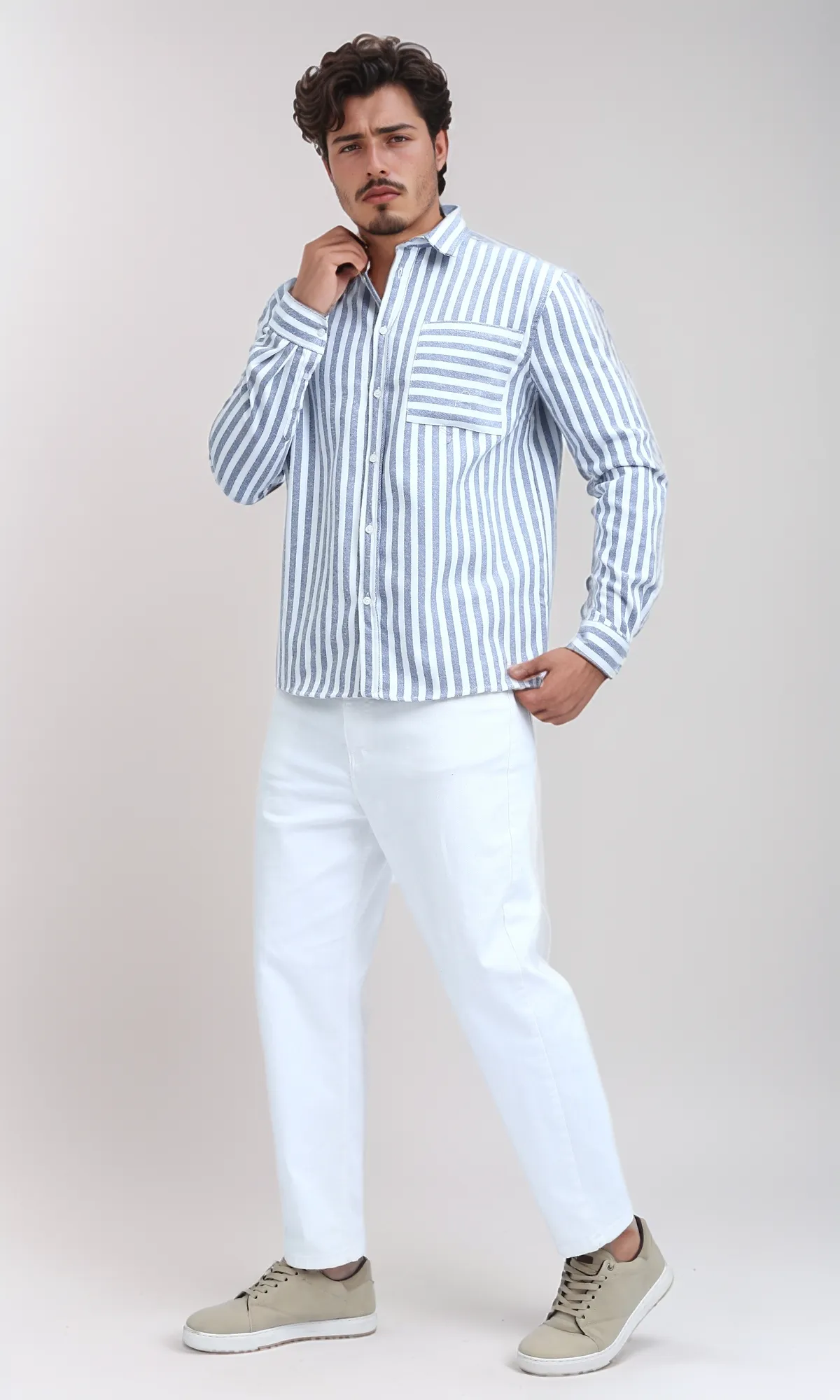 O200513 - Regular Fit Striped Casual Shirt - Navy Blue & White