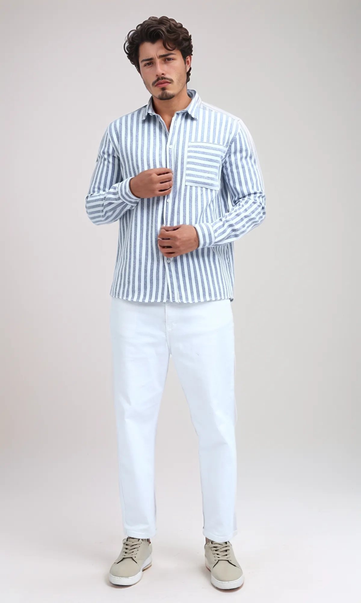 O200513 - Regular Fit Striped Casual Shirt - Navy Blue & White