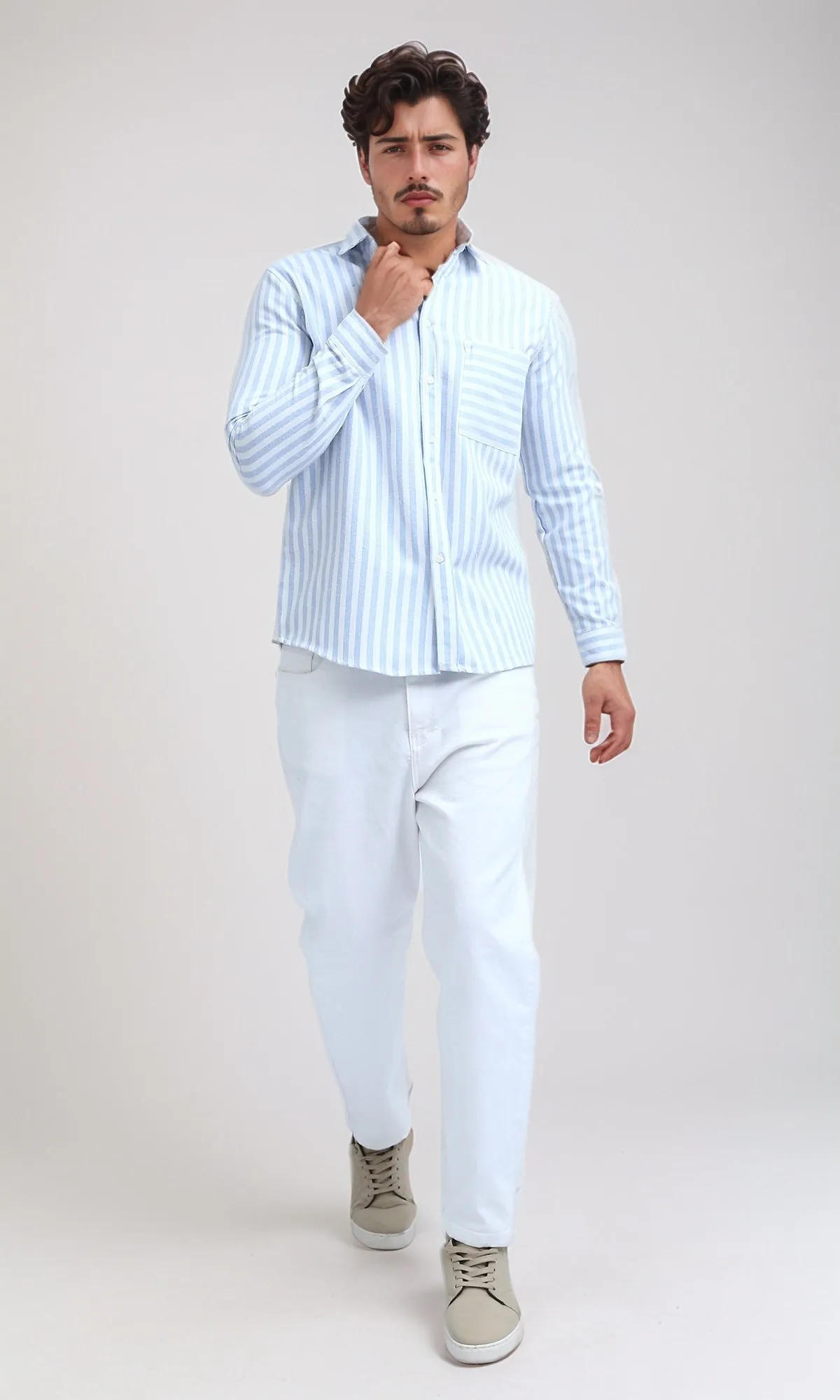 O200514 - Unique Long Sleeve Striped Shirt - Sky Blue & White