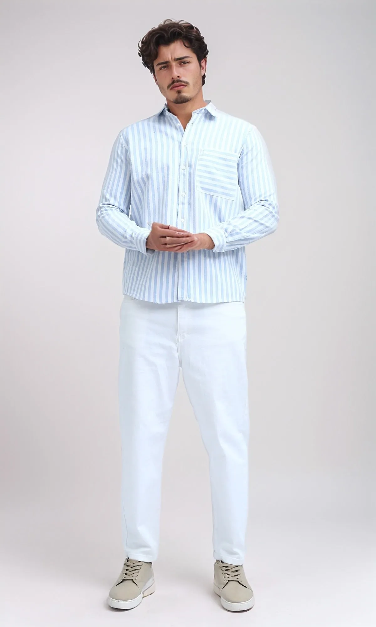 O200514 - Unique Long Sleeve Striped Shirt - Sky Blue & White