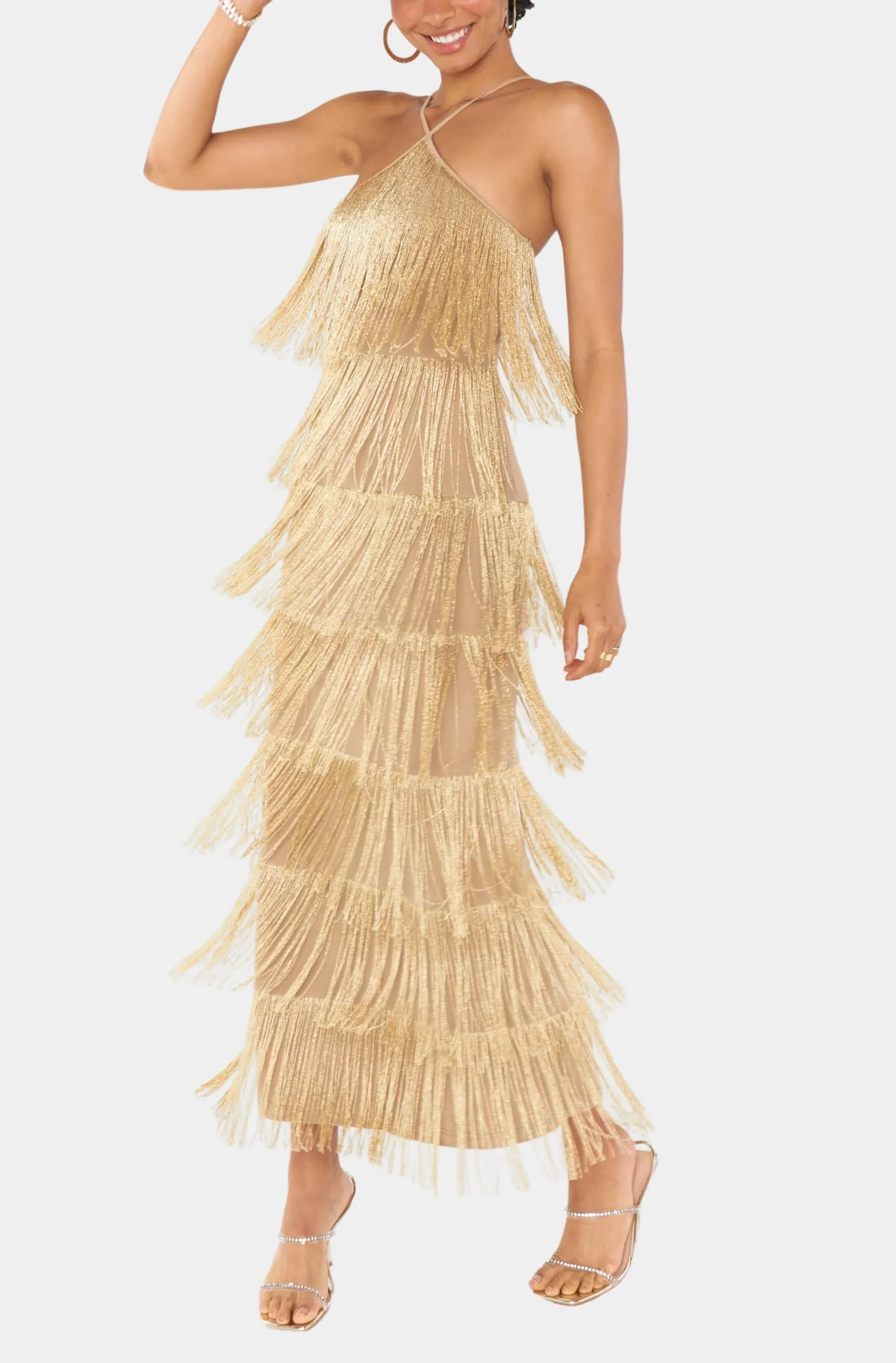 Show Me Your Mumu Gatsby Fringe Maxi Dress in Gold Rush