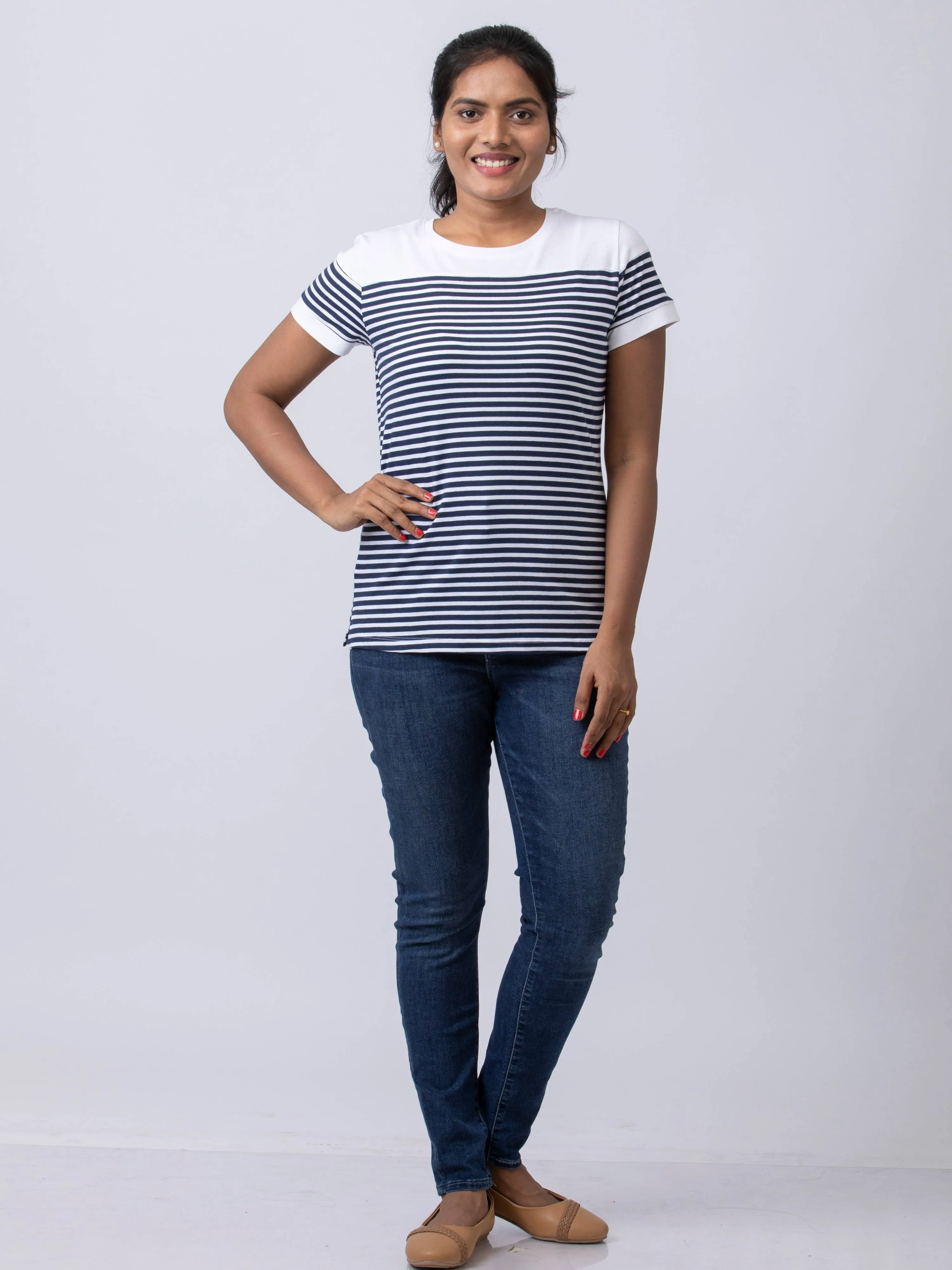 Soft & Premium Women's Printed Cotton T-Shirt - Navy/White