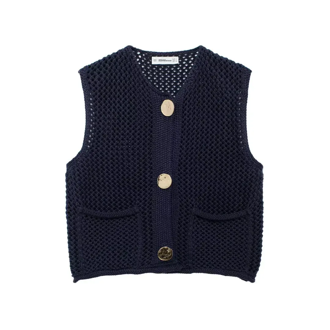 Stylish Sleeveless Sweater Vest with Oversized Pockets