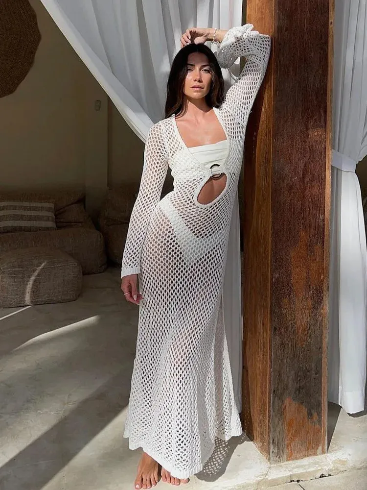 White Hollow Out Elegant See Through Long Sleeve Slit Maxi Dress