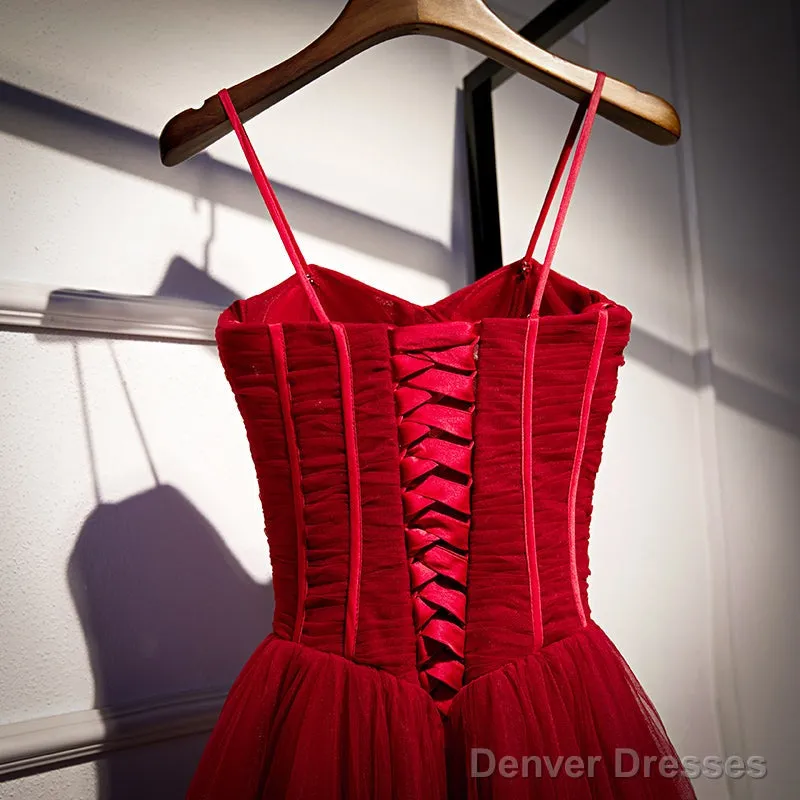 Wine Red Tulle Straps Long Sweetheart Party Dresses Formal Dresses, A-Line Dark Red Evening Dresses