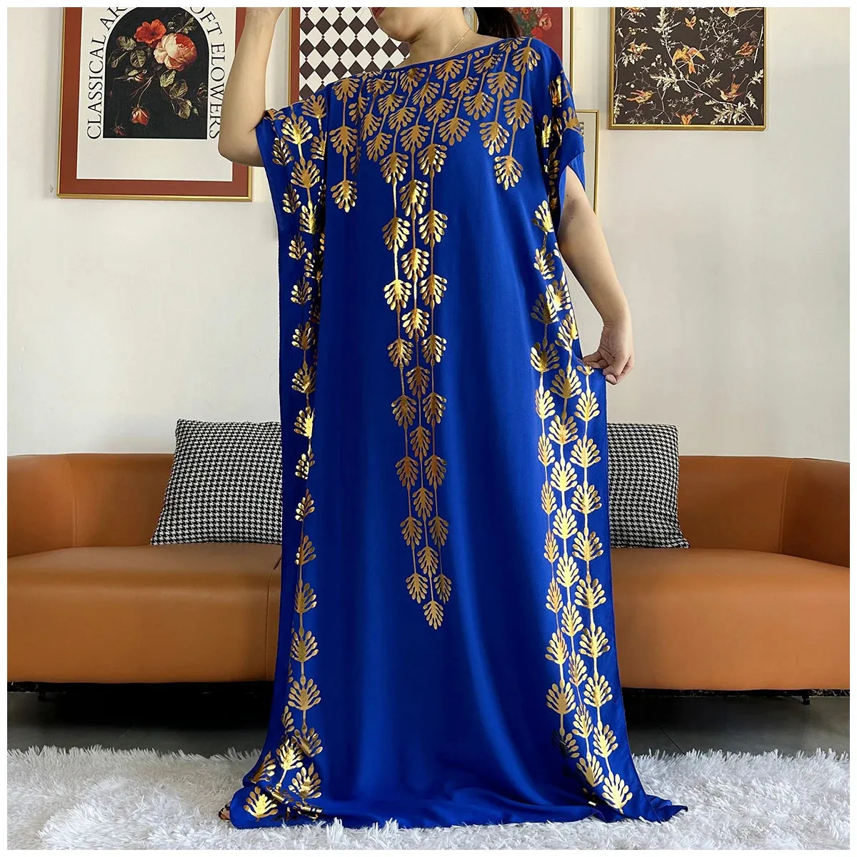 Women Dubai Stretch Print Loose Fit  Elegant Dresses Caftan Moroccan Robe With Headscarf