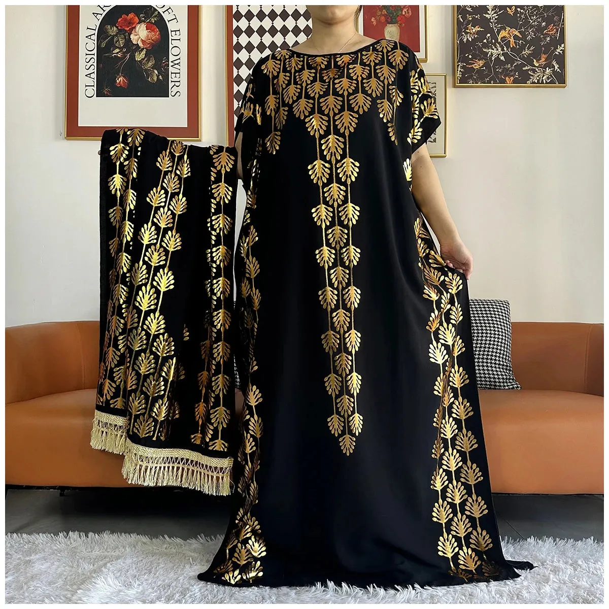 Women Dubai Stretch Print Loose Fit  Elegant Dresses Caftan Moroccan Robe With Headscarf