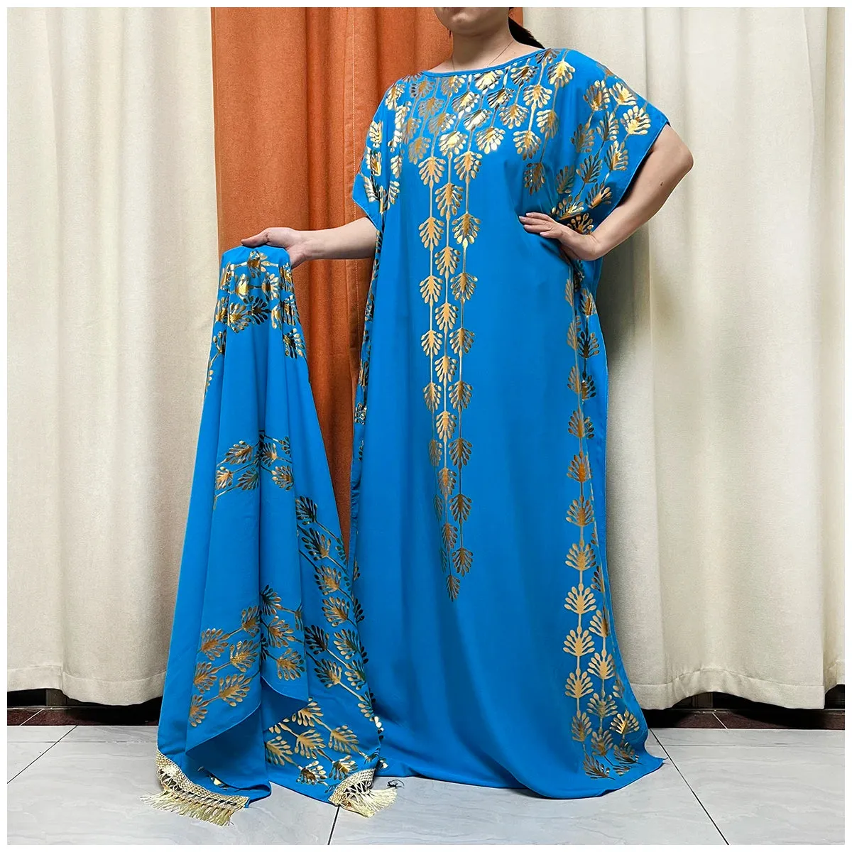 Women Dubai Stretch Print Loose Fit  Elegant Dresses Caftan Moroccan Robe With Headscarf