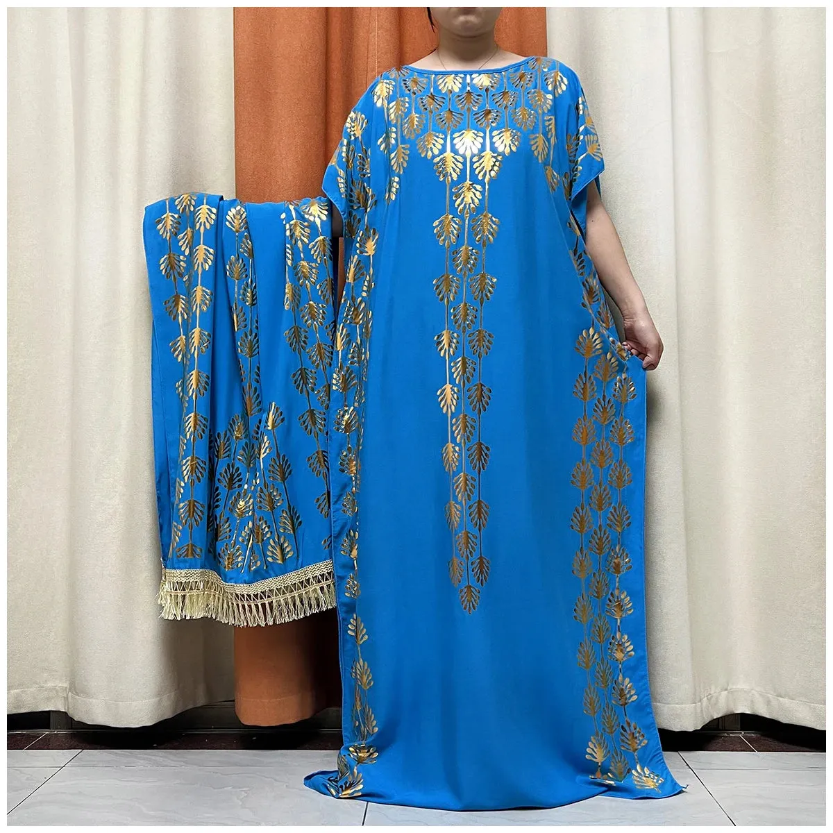 Women Dubai Stretch Print Loose Fit  Elegant Dresses Caftan Moroccan Robe With Headscarf