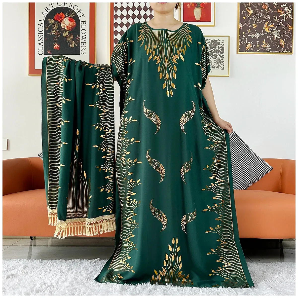 Women Dubai Stretch Print Loose Fit  Elegant Dresses Caftan Moroccan Robe With Headscarf