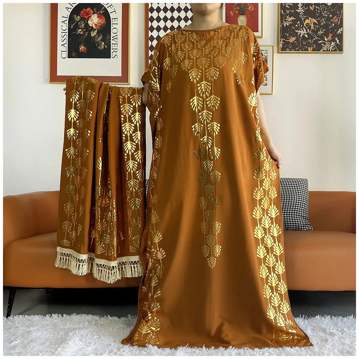 Women Dubai Stretch Print Loose Fit  Elegant Dresses Caftan Moroccan Robe With Headscarf