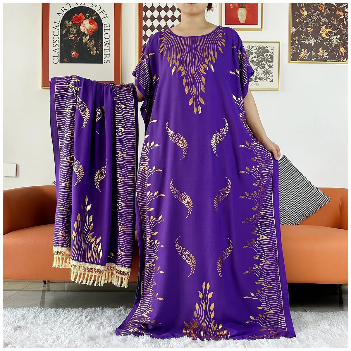 Women Dubai Stretch Print Loose Fit  Elegant Dresses Caftan Moroccan Robe With Headscarf