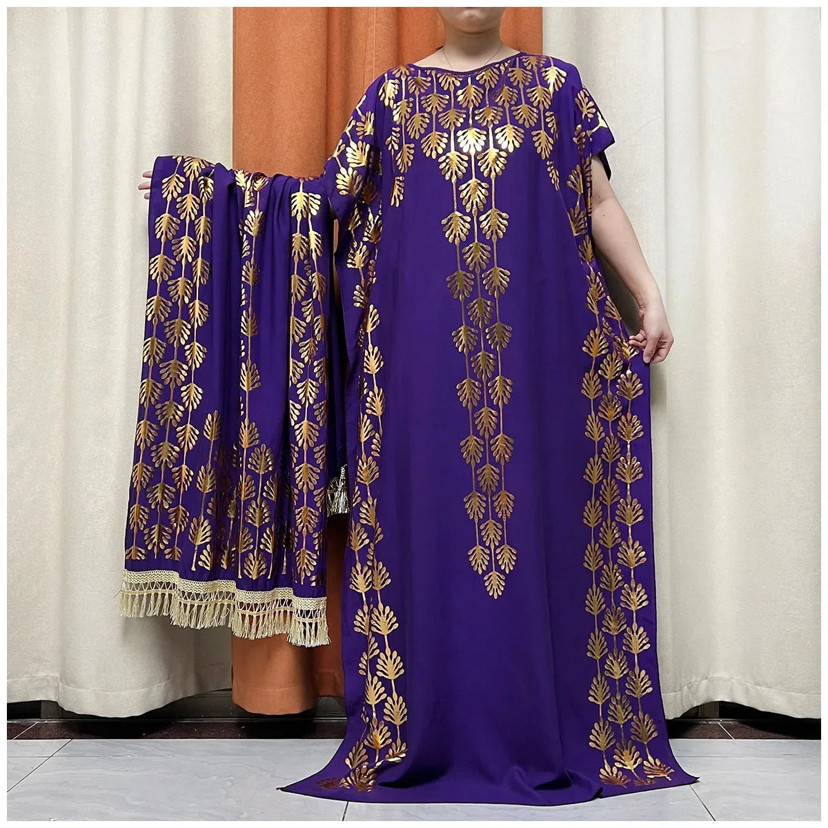 Women Dubai Stretch Print Loose Fit  Elegant Dresses Caftan Moroccan Robe With Headscarf