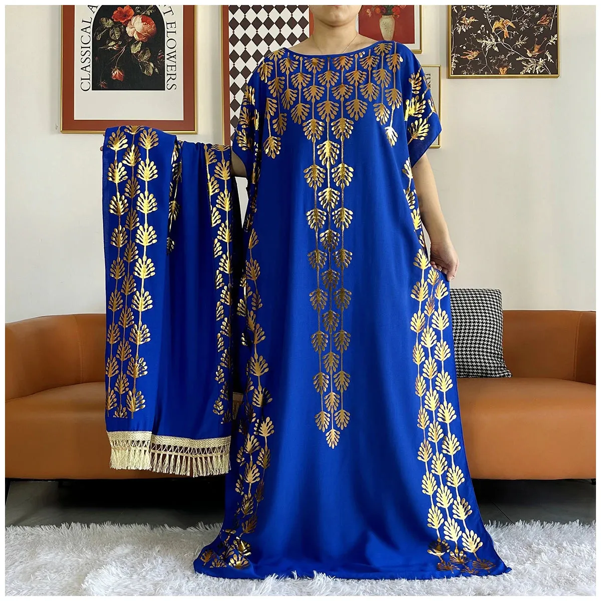 Women Dubai Stretch Print Loose Fit  Elegant Dresses Caftan Moroccan Robe With Headscarf