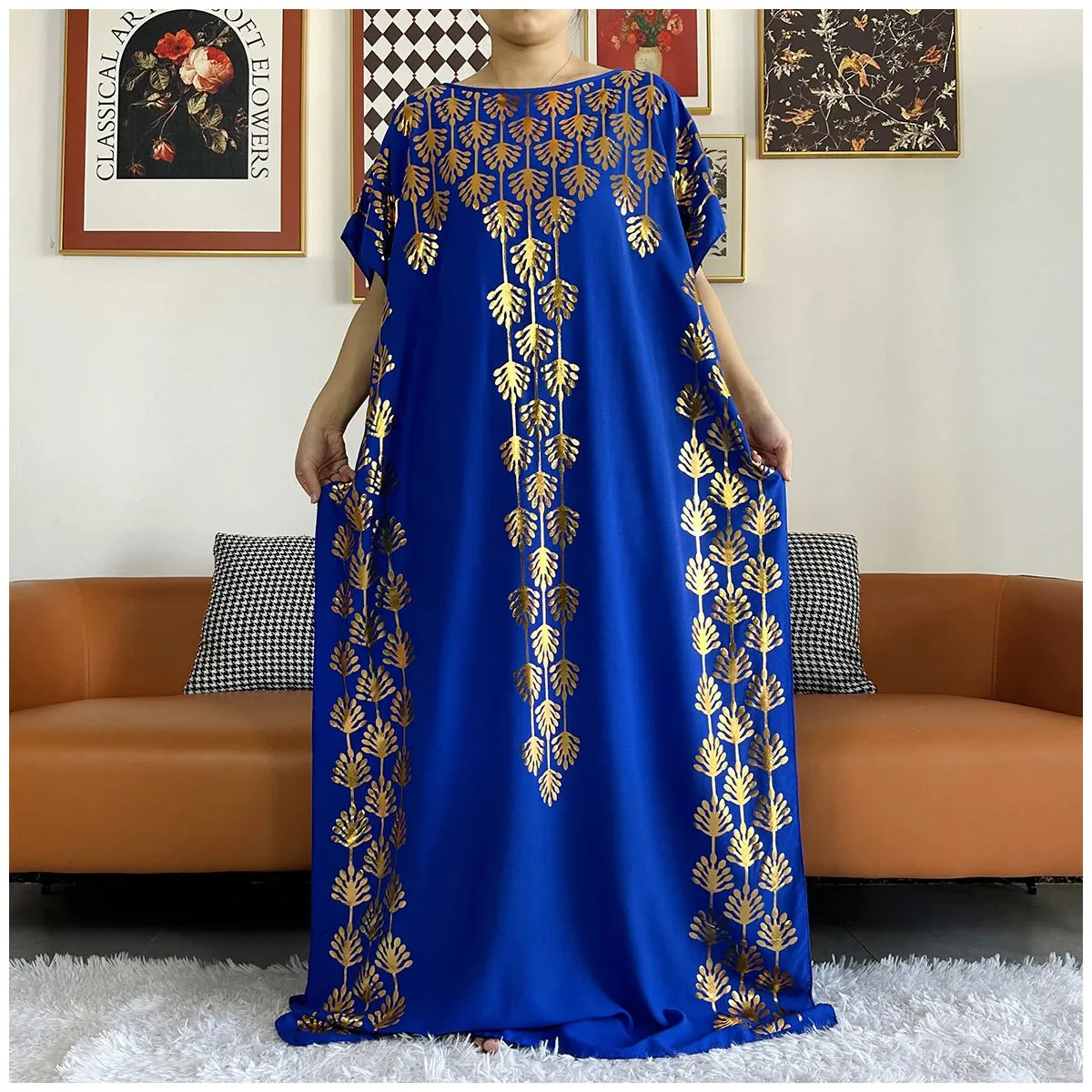 Women Dubai Stretch Print Loose Fit  Elegant Dresses Caftan Moroccan Robe With Headscarf