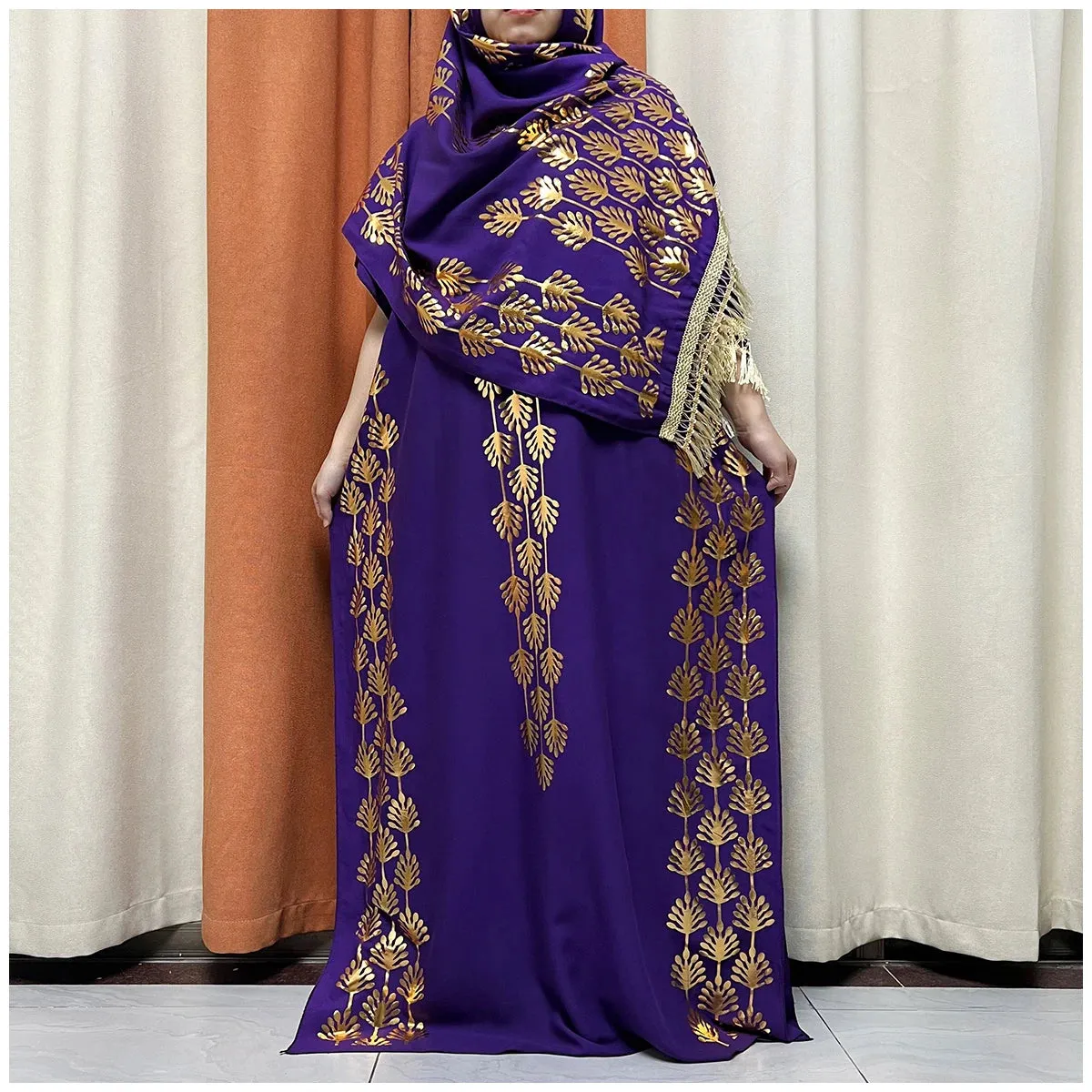 Women Dubai Stretch Print Loose Fit  Elegant Dresses Caftan Moroccan Robe With Headscarf