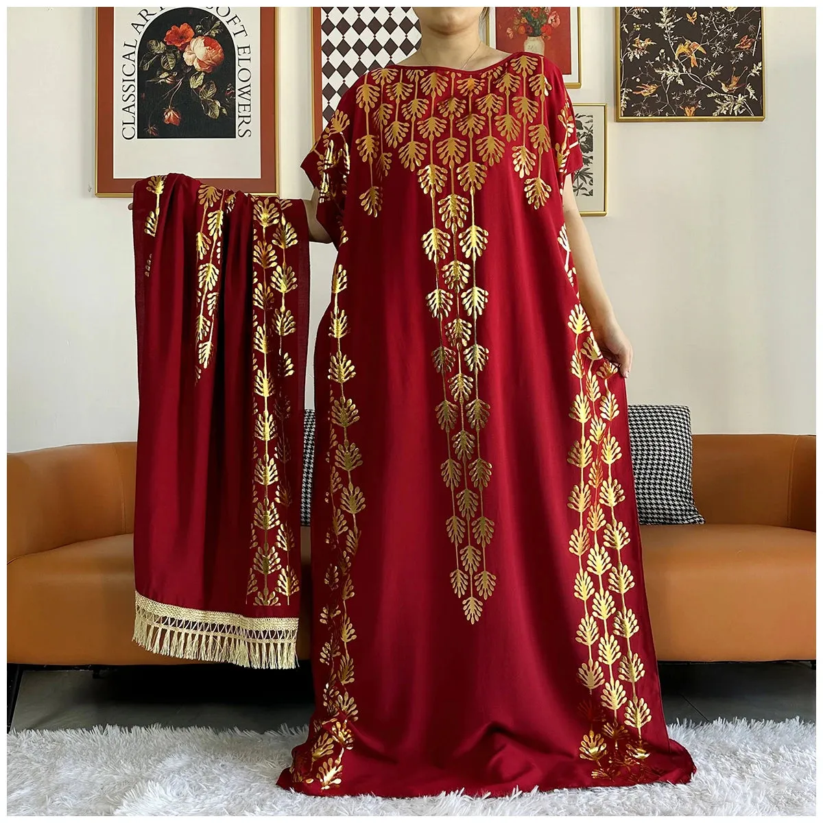 Women Dubai Stretch Print Loose Fit  Elegant Dresses Caftan Moroccan Robe With Headscarf