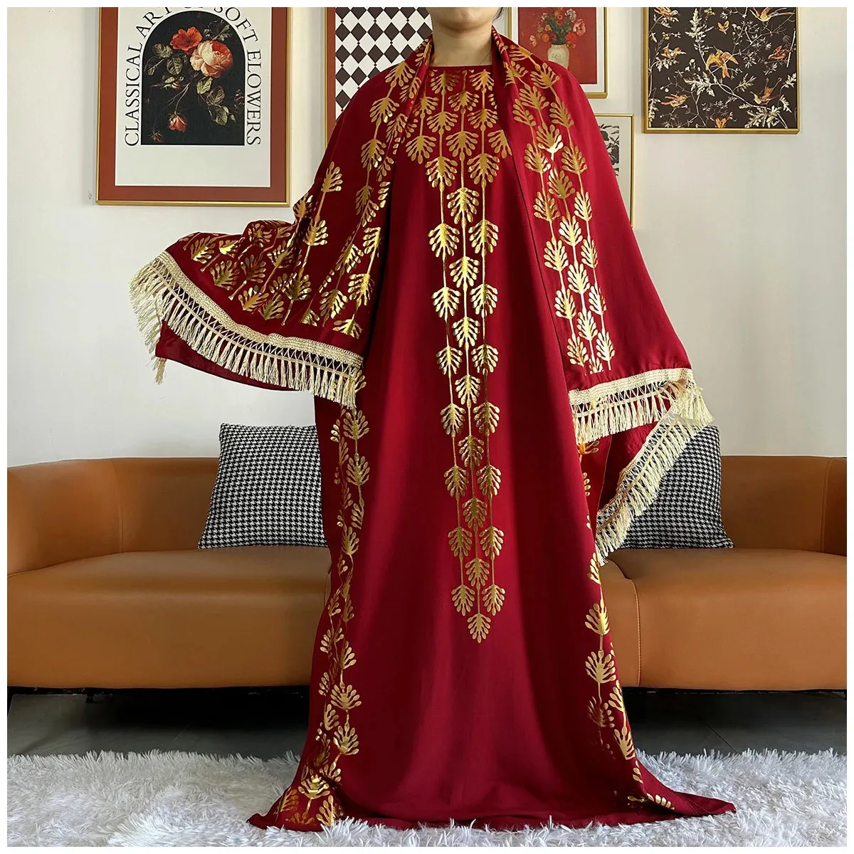 Women Dubai Stretch Print Loose Fit  Elegant Dresses Caftan Moroccan Robe With Headscarf