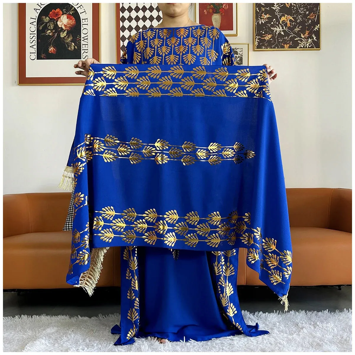 Women Dubai Stretch Print Loose Fit  Elegant Dresses Caftan Moroccan Robe With Headscarf