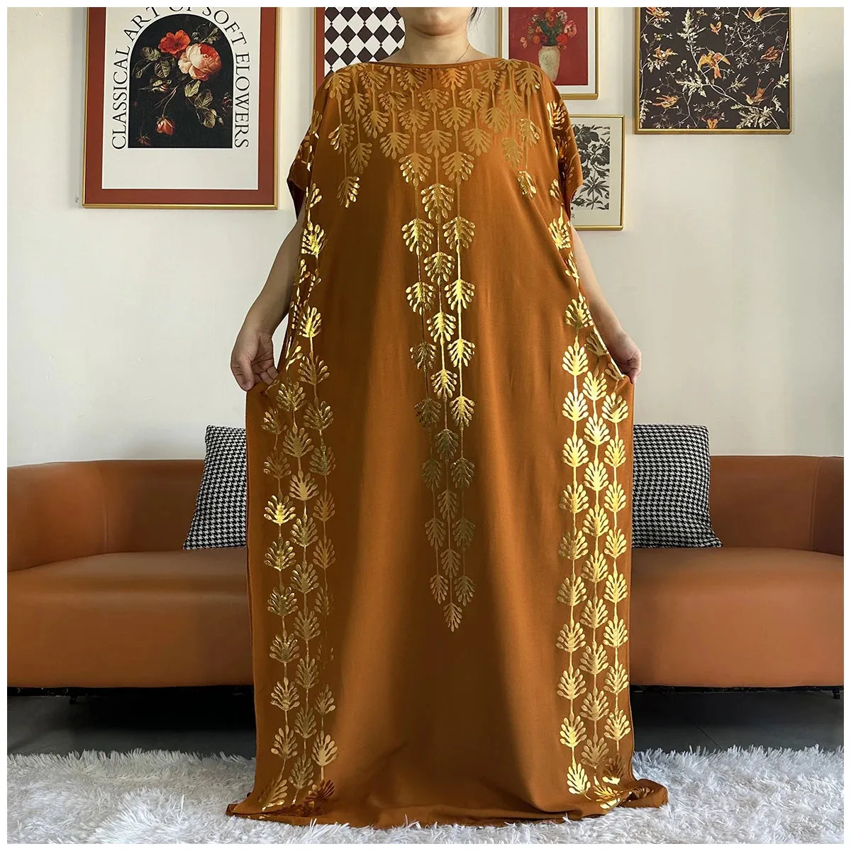 Women Dubai Stretch Print Loose Fit  Elegant Dresses Caftan Moroccan Robe With Headscarf