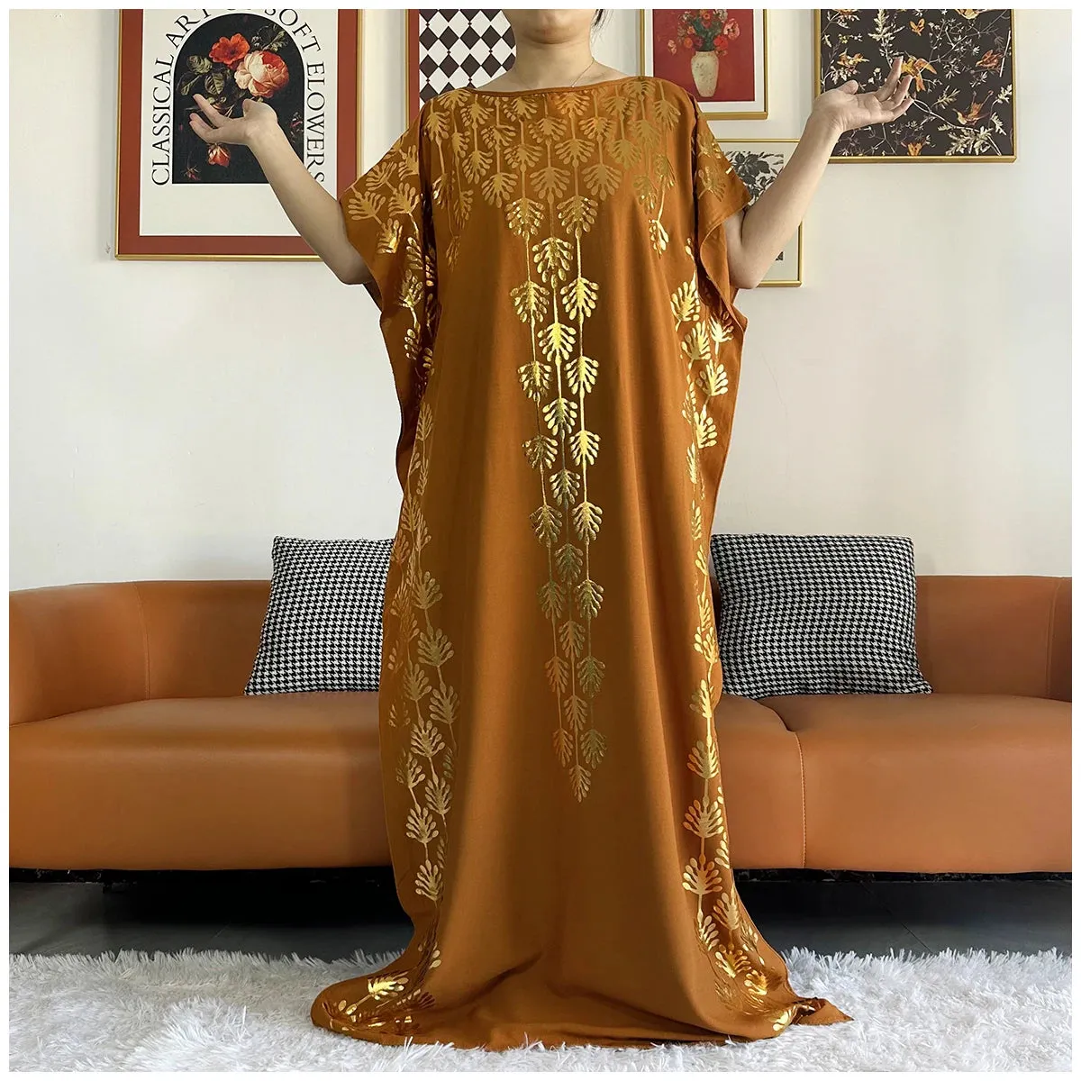 Women Dubai Stretch Print Loose Fit  Elegant Dresses Caftan Moroccan Robe With Headscarf