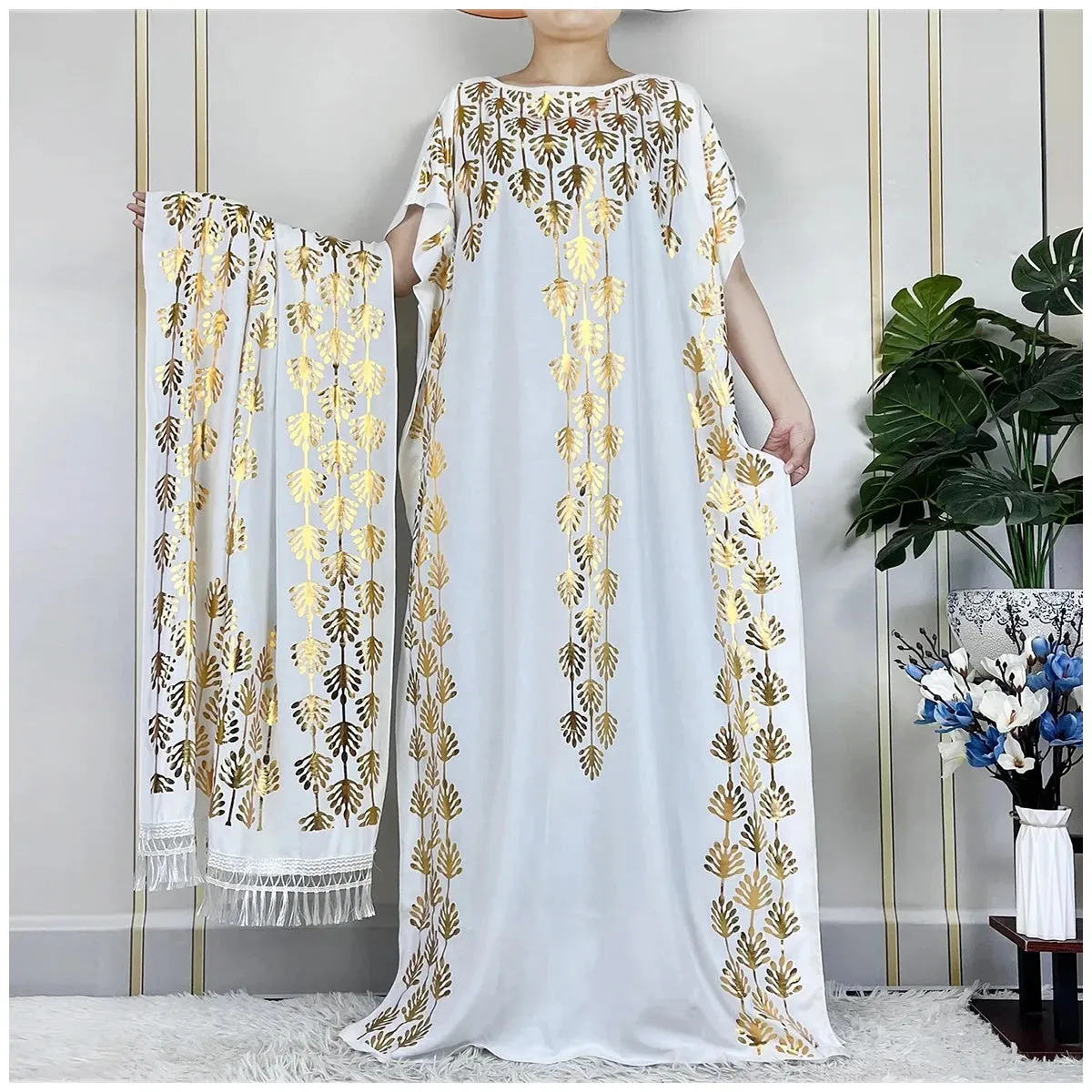 Women Dubai Stretch Print Loose Fit  Elegant Dresses Caftan Moroccan Robe With Headscarf